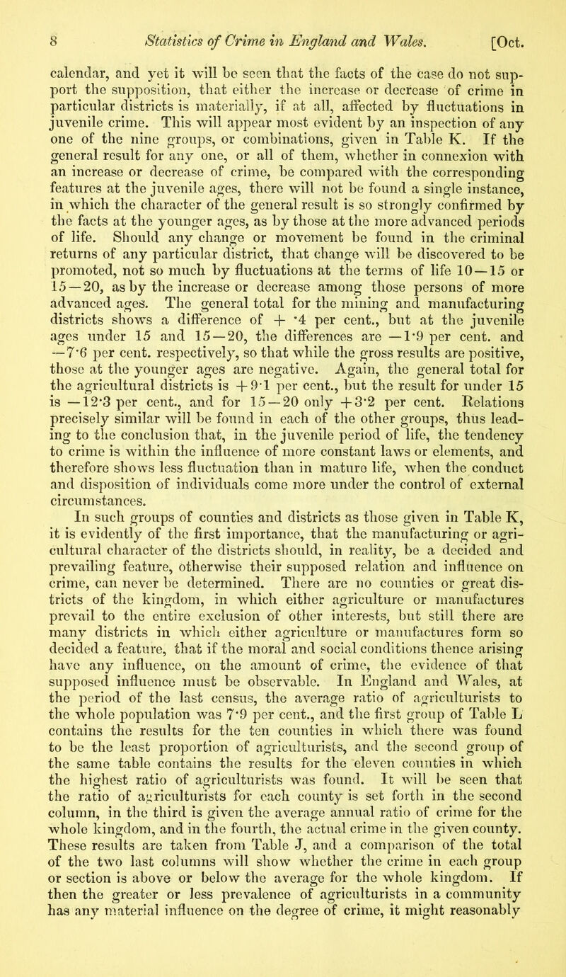 calendar, and yet it will be seen that the facts of the case do not sup- port the supposition, that either the increase or decrease of crime in particular districts is materially, if at all, affected by fluctuations in juvenile crime. This will appear most evident by an inspection of any one of the nine groups, or combinations, given in Table K. If the general result for any one, or all of them, whether in connexion with an increase or decrease of crime, be compared with the corresponding features at the juvenile ages, there will not be found a single instance, in which the character of the general result is so strongly confirmed by the facts at the younger ages, as by those at the more advanced periods of life. Should any change or movement be found in the criminal returns of any particular district, that change will be discovered to be promoted, not so much by fluctuations at the terms of life 10 —15 or 15 — 20, as by the increase or decrease among those persons of more advanced ages. The general total for the mining and manufacturing districts shows a difference of + *4 per cent., but at the juvenile ages under 15 and 15 — 20, the differences are —1*9 per cent, and — 7*6 per cent, respectively, so that while the gross results are positive, those at the younger ages are negative. Again, the general total for the agricultural districts is + 9T per cent., but the result for under 15 is —12*3 per cent., and for 15 — 20 only +3’2 per cent. Relations precisely similar will be found in each of the other groups, thus lead- ing to the conclusion that, in the juvenile period of life, the tendency to crime is within the influence of more constant laws or elements, and therefore shows less fluctuation than in mature life, when the conduct and disposition of individuals come more under the control of external circumstances. In such groups of counties and districts as those given in Table K, it is evidently of the first importance, that the manufacturing or agri- cultural character of the districts should, in reality, be a decided and prevailing feature, otherwise their supposed relation and influence on crime, can never be determined. There are no counties or great dis- tricts of the kingdom, in which either agriculture or manufactures prevail to the entire exclusion of other interests, but still there are many districts in which either agriculture or manufactures form so decided a feature, that if the moral and social conditions thence arising have any influence, on the amount of crime, the evidence of that supposed influence must be observable. In England and Wales, at the period of the last census, the average ratio of agriculturists to the whole population was 7*9 per cent., and the first group of Table L contains the results for the ten counties in which there was found to be the least proportion of agriculturists, and the second group of the same table contains the results for the eleven counties in which the highest ratio of agriculturists was found. It will be seen that the ratio of agriculturists for each county is set forth in the second column, in the third is given the average annual ratio of crime for the whole kingdom, and in the fourth, the actual crime in the given county. These results are taken from Table J, and a comparison of the total of the two last columns will show whether the crime in each group or section is above or below the average for the whole kingdom. If then the greater or less prevalence of agriculturists in a community has any material influence on the degree of crime, it might reasonably