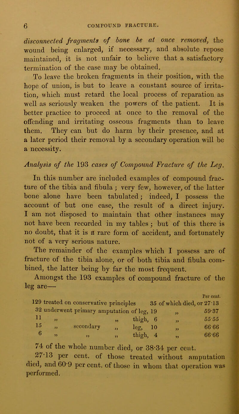 disconnected fragments of bone be at once removed, the wound being enlarged, if necessary, and absolute repose maintained, it is not unfair to believe that a satisfactory termination of the case may be obtained. To leave the broken fragments in their position, with the hope of union, is but to leave a constant source of irrita- tion, which must retard the local process of reparation as well as seriously weaken the powers of the patient. It is better practice to proceed at once to the removal of the offending and irritating osseous fragments than to leave them. They can but do harm by their presence, and at a later period their removal by a secondary operation will be a necessity. Analysis of the 193 cases of Compound Fracture of the Leg. In this number are included examples of compound frac- ture of the tibia and fibula ; very few, however, of the latter bone alone have been tabulated; indeed, I possess the account of but one case, the result of a direct injury. I am not disposed to maintain that other instances may not have been recorded in my tables \ but of this there is no doubt, that it is a rare form of accident, and fortunately not of a very serious nature. The remainder of the examples which I possess are of fracture of the tibia alone, or of both tibia and fibula com- bined, the latter being by far the most frequent. Amongst the 193 examples of compound fracture of the leg are— Per cent. 129 treated on conservative principles 35 of which died, or 2713 32 underwent primary amputation of leg, 19 „ 59-37 » „ thigh, 6 „ 55 55 15 „ secondary „ leg, 10 „ 66 66 ® „ thigh, 4 „ 66'66 74 of the whole number died, or 38-34 per cent. 27*13 per cent, of those treated without amputation died, and 60-9 per cent, of those in whom that operation was performed.