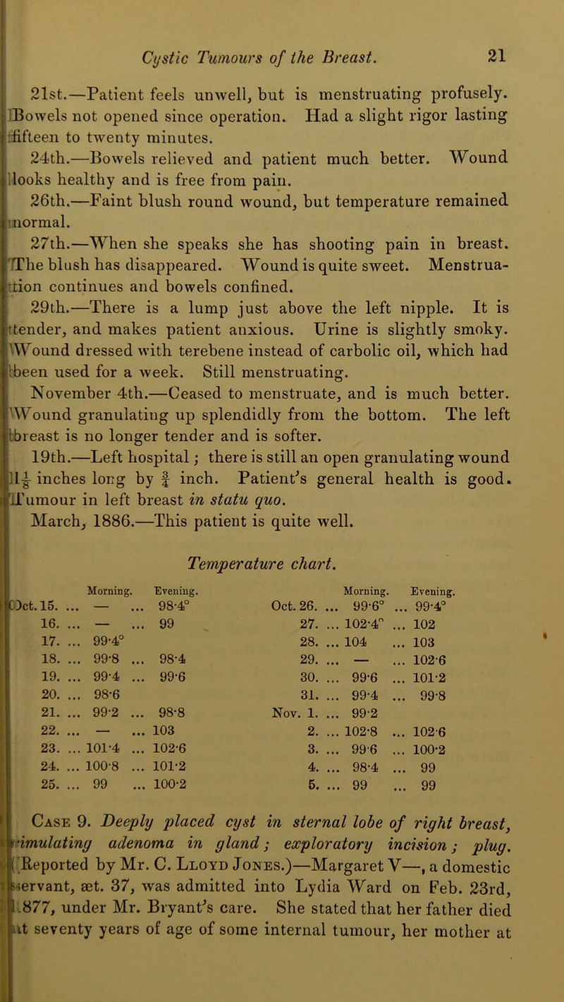 21st.—Patient feels unwell, but is menstruating profusely. ilBowels not opened since operation. Had a slight rigor lasting fifteen to twenty minutes. 24th.—Bowels relieved and patient much better. Wound Hooks healthy and is free from pain. 26th.—Faint blush round wound, but temperature remained 1 normal. 27th.—When she speaks she has shooting pain in breast. TThe blush has disappeared. Wound is quite sweet. Menstrua- ttion continues and bowels confined. 29th.—There is a lump just above the left nipple. It is ttender, and makes patient anxious. Urine is slightly smoky. \Wound dressed with terebene instead of carbolic oil, which had Ibeen used for a week. Still menstruating. November 4th.—Ceased to menstruate, and is much better. ^Wound granulating up splendidly from the bottom. The left tbreast is no longer tender and is softer. 19th.—Left hospital; there is still an open granulating wound 11^ inches long by f inch. Patient^s general health is good. LTumour in left breast in statu quo. March, 1886.—This patient is quite well. Temperature chart. Wet. 15. ... Morning. ' • • • Evening. 98-4° Oct. 26. Morning. ... 99-6° Evening. ... 99-4° 16. ... • • • 99 27. ... 102-4 ... 102 17. ... 99-4° 28. ... 104 ... 103 18. ... 99-8 ... 98-4 29. • • • ... 102-6 19. ... 99-4 ... 99-6 30. ... 99-6 ... 101-2 20. ... 98-6 31. ... 99-4 ... 99-8 21. ... 99-2 ... 98-8 Nov. 1. ... 99-2 22. ... • • • 103 2. ... 102-8 ... 1026 23. ... 101-4 ... 102-6 3. ... 99-6 ... 100-2 24. ... 100-8 ... 101-2 4. ... 98-4 ... 99 25. ... 99 ... 100-2 5. ... 99 ... 99 Case 9. Deeply placed cyst in sternal lobe of right breast, imulating adenoma in gland; exploratory incision; plug. ^ ('Reported by Mr. C. Lloyd Jones.)—Margaret V—, a domestic I ^servant, set. 37, was admitted into Lydia Ward on Feb. 23rd, 1.877, under Mr. BryanFs care. She stated that her father died ut seventy years of age of some internal tumour, her mother at