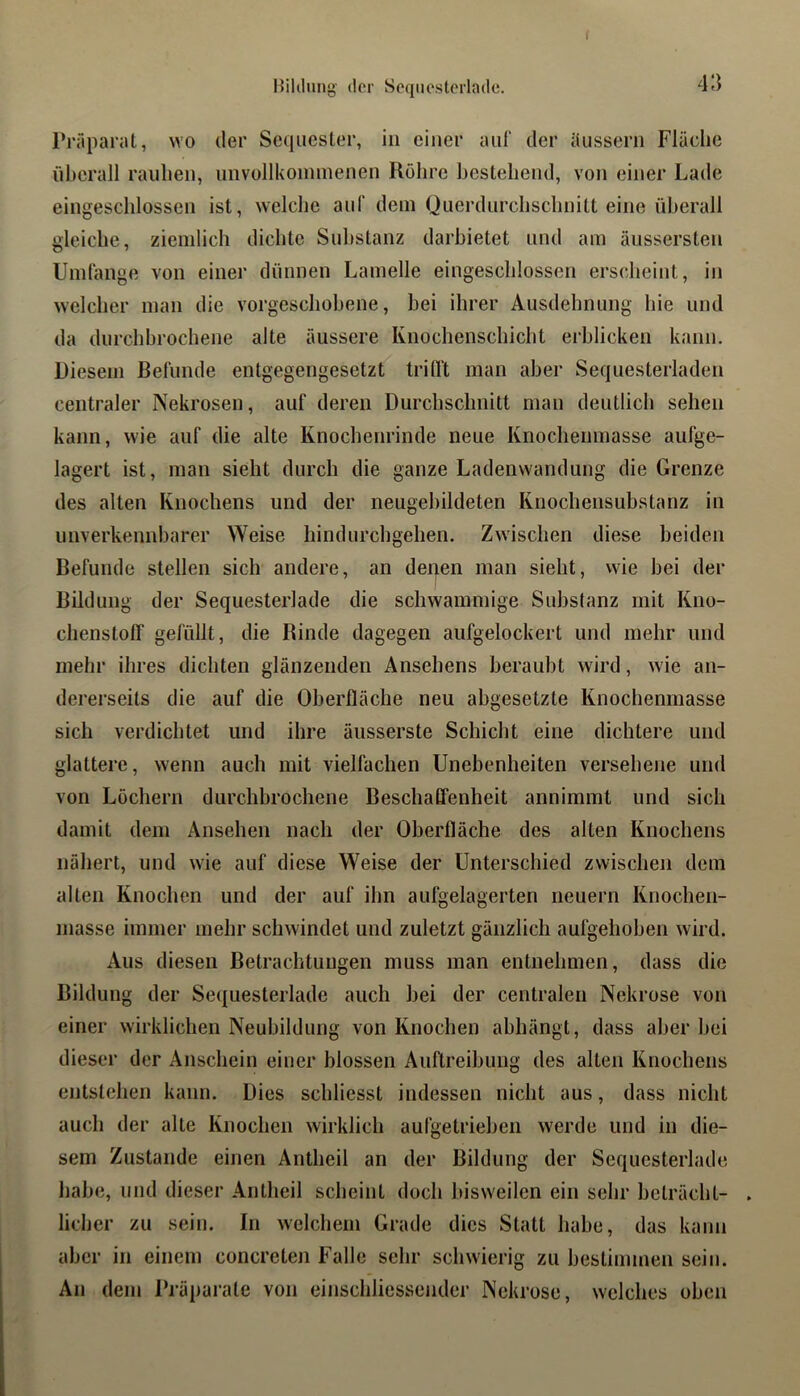 I5ililung- der Seqiiosterladc. 43 Präparat, wo der Sequester, in einer auf der äussern Fläche überall rauhen, iinvollkoinmenen Röhre bestehend, von einer Lade eingeschlossen ist, welche auf dem Querdiirchschnitt eine überall gleiche, ziemlich dichte Substanz darhietet und am äussersten Umlänge von einer dünnen Lamelle eingeschlossen erscheint, in welcher man die vorgeschobene, bei ihrer Ausdehnung hie und da durchbrochene alte äussere Knochenschicht erblicken kann. Diesem Belünde entgegengesetzt triQ't man aber Sequesterladen centraler Nekrosen, auf deren Durchschnitt man deutlich sehen kann, wie auf die alte Knochenrinde neue Knochenmasse aufge- lagert ist, man sieht durch die ganze Ladenwandung die Grenze des alten Knochens und der neugebildeten Knochensubstanz in unverkennbarer Weise hindurchgehen. Zwischen diese beiden Befunde stellen sich andere, an depen man sieht, vvie bei der Bildung der Sequesterlade die schwammige Substanz mit Kno- chenstolT gefüllt, die Rinde dagegen aufgelockert und mehr und mehr ihres dichten glänzenden Ansehens beraubt wird, wie an- dererseits die auf die Oberfläche neu abgesetzte Knochenmasse sich verdichtet und ihre äusserste Schicht eine dichtere und glattere, wenn auch mit vielfachen Unebenheiten versehene und von Löchern durchbrochene Beschaffenheit annimint und sich damit dem Ansehen nach der Oberfläche des alten Knochens nähert, und wie auf diese Weise der Unterschied zwischen dem alten Knochen und der auf ihn aufgelagerten neuern Knochen- inasse immer mehr schwindet und zuletzt gänzlich aufgehoben wird. Aus diesen Betrachtungen muss inan entnehmen, dass die Bildung der Sequesterlade auch hei der centralen Nekrose von einer wirklichen Neubildung von Knochen abhängt, dass aber bei dieser der Anschein einer blossen Auftreibung des alten Knochens entstehen kann. Dies schliesst indessen nicht aus, dass nicht auch der alte Knochen wirklich aufgetrieben w'erde und in die- sem Zustande einen Antheil an der Bildung der Sequcsterlade habe, und dieser Antheil scheint doch bisweilen ein sehr beträcht- licher zu sein. In welchem Grade dies Statt habe, das kann aber in einem concreten Falle sehr schwierig zu bestimmen sein. An dem Präparate von einschliessender Nekrose, welches oben