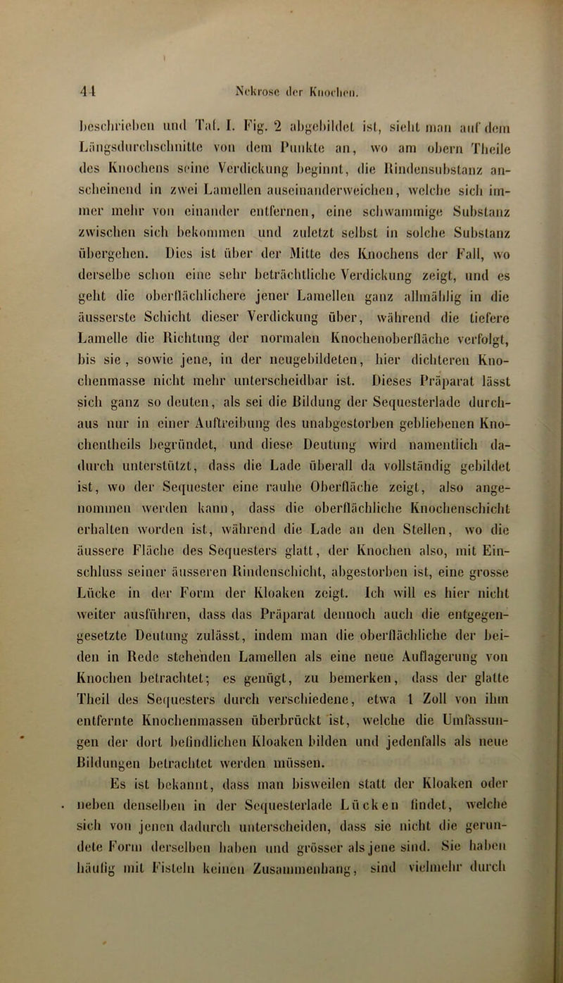 \ l)cscliricl)cii und Tal. I. Fig. 2 abgchildoL ist, sieht man auf dem Längsdiirchscliiiitte von dem Pmdtte an, wo am ohern Tlieile des Knochens sinne Verdickung ))eginnt, die Hindensnhstanz an- scheinend in zwei Lamellen auscinandenveichen, welche sich im- mec mehr von einander entfernen, eine schwammige Suhstanz zwischen sich hokommen und zuletzt selbst in solche Substanz übergehen. Dies ist über der Mitte des ICnochens der Fall, wo derselbe schon eine sehr beträchtliche Verdickung zeigt, und es geht die oherllächlichere jener Lamellen ganz allmählig in die äusserste Schicht dieser Verdickung über, während die tiefere Lamelle die Richtung der normalen Knochenoberlläche verfolgt, bis sie, sowie jene, in der neugehildeten, hier dichteren Kno- chenmasse nicht mehr unterscheidhar ist. Dieses Präparat lässt sich ganz so deuten, als sei die Bildung der Sequesterlade durch- aus nur in einer Auftreibung des unabgestorben gebliebenen Kno- cbentheils begründet, und diese Deutung wird namentlich da- durch unterstützt, dass die Lade überall da vollständig gebildet ist, wo der Sequester eine rauhe Oberfläche zeigt, also ange- nommen werden kann, dass die oberflächliche Knochenschicht erhalten worden ist, während die Lade an den Stellen, wo die äussere Fläche des Sequesters glatt, der Knochen also, mit Ein- schluss seiner äusseren Rindenschicht, abgestorben ist, eine grosse Lücke in der Form der Kloaken zeigt. Ich will es hier nicht weiter ausführen, dass das Präparat dennoch auch die entgegen- gesetzte Deutung zulässt, indem man die oberflächliche der bei- den in Rede stehenden Lamellen als eine neue Auflagerung von Knochen betrachtet; es genügt, zu bemerken, dass der glatte Theil des Seipiesters durch verschiedene, etwa 1 Zoll von ihm entfernte Knochenmassen überbrückt ist, wejehe die Umfassun- gen der dort belindlichen Kloaken bilden und jedenfalls als neue Bildungen betrachtet werden müssen. Es ist bekannt, dass man bisweilen statt der Kloaken oder neben denselben in der Scquesterlade Lücken findet, welche sich von jenen dadurch unterscheiden, dass sie nicht die gerun- dete Form derselben haben und grosser als jene sind. Sie haben häufig mit Fisteln keinen Zusammeidjang, sind vielmehr durch