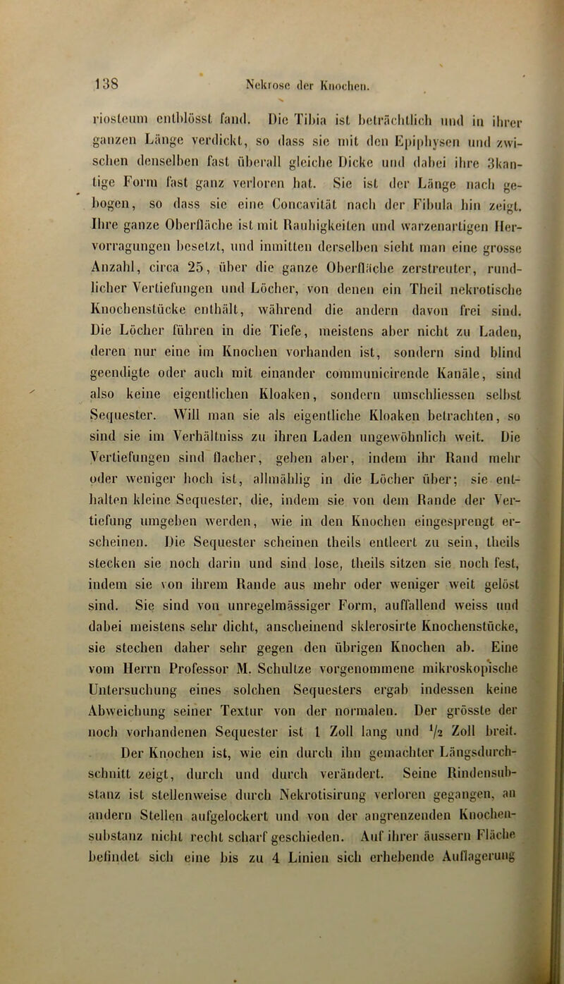 > riostcuni cnllrlösst fand. Die Tihia ist Ireträchtlieh und in ihrer ganzen Länge verdickt, so dass sie mit den Kpipliysen und zwi- schen densclhen fast nherall gleiche Dicke und dabei ihre 3kan- tige Form last ganz verloren hat. Sie ist der Länge nach ge- bogen, so dass sie eine Concavität nach der Fibula hin zeigt. Ihre ganze Oberfläche ist mit Rauhigkeiten und warzenartigen Iler- vorragiingen besetzt, und inmitten derselben sieht man eine grosse Anzahl, circa 25, über die ganze Oberfläche zerstreuter, rund- licher Vertiefungen und Locher, von denen ein Theil nekrotische Knochenstücke enthält, während die andern davon frei sind. Die Löcher führen in die Tiefe, meistens aber nicht zu Laden, deren nur eine im Knochen vorhanden ist, sondern sind blind geendigte oder auch mit einander communicirende Kanäle, sind also keine eigentlichen Kloaken, sondern umscbliessen seihst Sequester. Will man sie als eigentliche Kloaken betrachten, so sind sie im Verhältniss zu ihren Laden ungewöhnlich weit. Die Vertiefungen sind flacher, gehen aber, indem ihr Rand mehr oder weniger hoch ist, alhnählig in die Löcher über; sie ent- halten kleine Sequester, die, indem sie von dem Rande der Ver- tiefung umgeben werden, wie in den Knochen eingesprengt er- scheinen. Die Sequester scheinen theils entleert zu sein, theils stecken sie noch darin und sind lose, theils sitzen sie noch fest, indem sie von ihrem Rande aus mehr oder weniger weit gelöst sind. Sie sind von unregelmässiger Form, auffallend weiss und dabei meistens sehr dicht, anscheinend sklerosirte Knochenstücke, sie stechen daher sehr gegen den übrigen Knochen ab. Eine vom Herrn Professor M. Schnitze vorgenommene mikroskop'ische Untersuchung eines solchen Sequesters ergab indessen keine Abweichung seiner Textur von der normalen. Der grösste der noch vorhandenen Sequester ist l Zoll lang und 72 Zoll breit. Der Knochen ist, wie ein durch ihn gemachter Längsdurch- schnitt zeigt, durch und durch verändert. Seine Rindensuh- stanz ist stellenweise durch Nekrotisirung verloren gegangen, an andern Stellen aufgelockert und von der angrenzenden Knochen- substanz nicht recht scharf geschieden. Auf ihrer äussern Fläche befindet sich eine bis zu 4 Linien sich erhebende Auflagerung