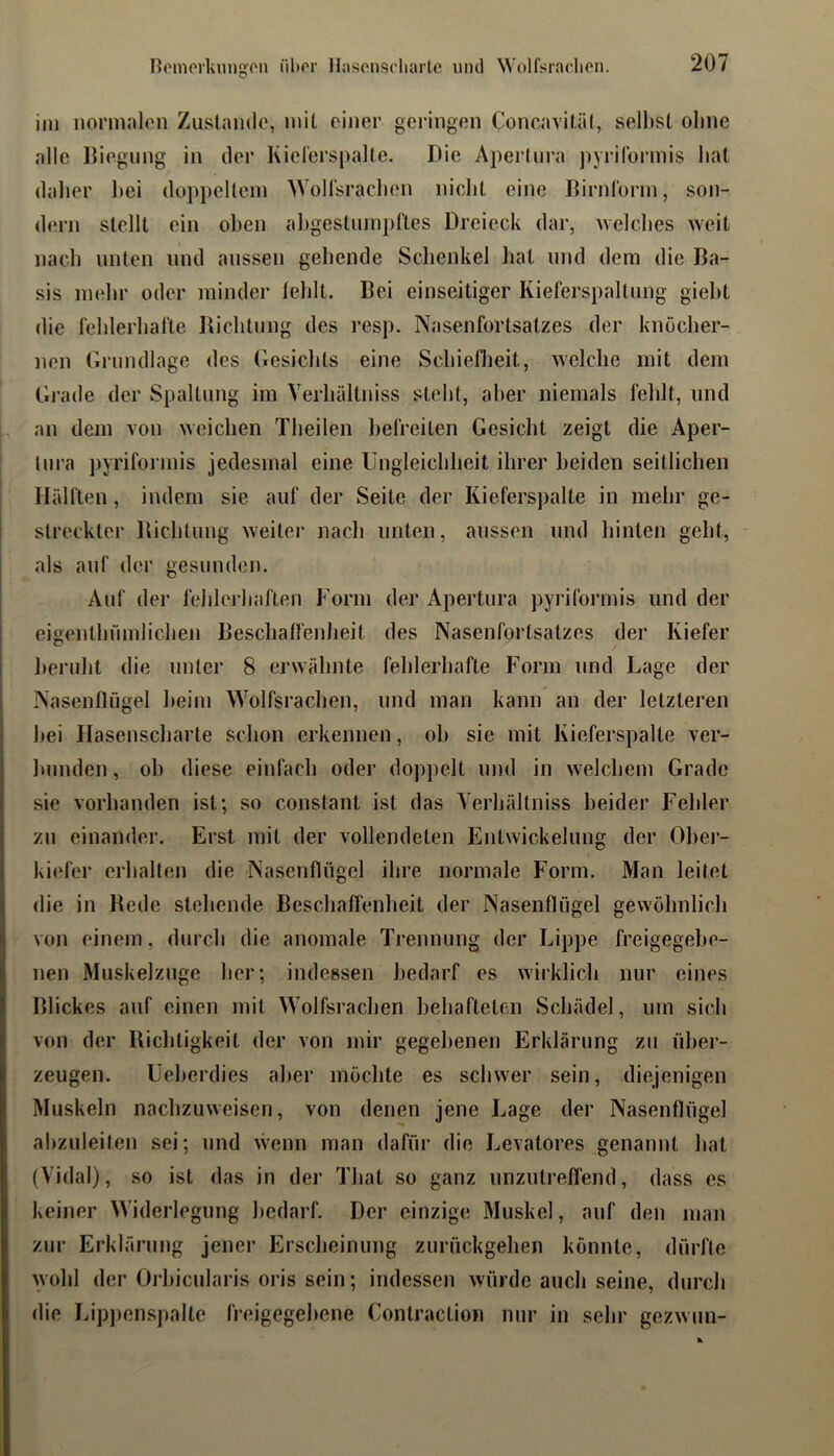 iiu normalen Zustande, mit einer geringen Concavität, selbst ohne alle lliegnng in der Kiel'erspalte. Die Apertura pyriformis hat daher ]>ei dopi)cllem WoHsrachen nicht eine Birnrorm, son- dern stellt ein oben ahgeslumpltes Dreieck dar, welches weit nach unten und anssen gehende Schenkel hat und dem die Ba- sis mehr oder minder fehlt. Bei einseitiger Kieferspaltung gieht die fehlerhafte Bichtnng des resp. Nasenfortsatzes der knöcher- nen Grundlage des Gesichts eine Schiefheit, welche mit dem Gj'ade der Spaltung im Verhältniss steht, aber niemals fehlt, und an dem von weichen Theilen befreiten Gesicht zeigt die Aper- tnra pyrifonnis jedesmal eine üngleichlieit ihrer beiden seitlichen Hälften, indem sie auf der Seite der Kieferspalte in mehr ge- streckter Bichtnng weiter nach unten, aussen und hinten geht, I als auf der gesunden. Auf der fehl eil laften Form der Apertura pyi’iformis und der ; eigenthnmlichen Beschaffenheit des Nasenfortsatzes der Kiefer I beruht die unter 8 erwähnte fehlerhafte Form und Lage der Nasenflügel heim Wolfsrachen, und man kann an der letzteren hei Hasenscharte schon erkennen, oh sie mit Kieferspalte ver- hnnden, oh diese einfach oder doppelt und in welchem Grade sie vorhanden ist; so constant ist das Verhältniss beider Fehler zu einander. Erst mit der vollendeten Entwickelung der Ober- kiefer erhalten die Nasenflügel ihre normale Form. Man leitet die in Bede stehende Beschaffenheit der Nasenflügel gewöhnlich von einem, durch die anomale Trennung der Lippe freigegehe- nen Muskelznge her; indessen bedarf es wirklich nur eines Blickes auf einen mit Wolfsrachen behafteten Schädel, um sich von der Bichtigkeit der von mir gegebenen Erklärung zu über- zeugen. Ueherdies aber möchte es schwer sein, diejenigen Muskeln nachzuweisen, von denen jene Lage der Nasenflügel ahznleiten sei; und wenn man dafür die Levatores genannt hat (Vidal), .so ist das in der That so ganz unzutreffend, dass es keiner Widerlegung l)edarf. Der einzige Muskel, auf den man zur Erkläning jener Erscheinung zurückgehen könnte, dürfte wohl der Orhicularis oris sein; indessoi würde auch seine, durch die Lippenspalte freigegehene Contraction nur in sehr gezwun-