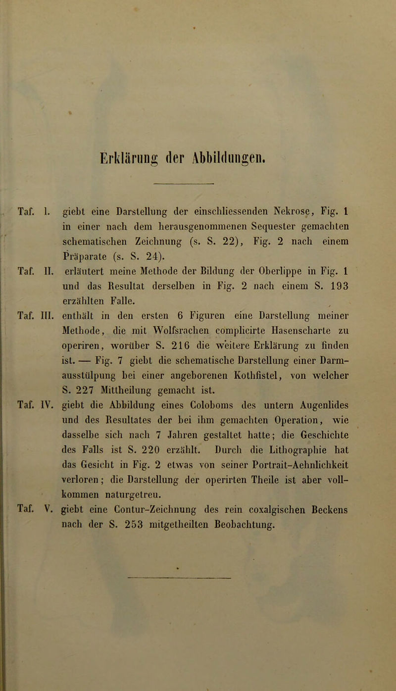 % Erklärniig der Abbildungen. Taf. 1. giebt eine Darstellung der einschliessenden Nekrose, Fig. l in einer nach dem herausgenommenen Sequester gemachten schematischen Zeichnung (s. S. 22), Fig. 2 nach einem Präparate (s. S. 24). Taf. II. erläutert meine Methode der Bildung der Oberlippe in Fig. 1 und das Resultat derselben in Fig. 2 nach einem S. 193 erzählten Falle. Taf. III. enthält in den ersten 6 Figuren eine Darstellung meiner Methode, die mit Wolfsrachen complicirte Hasenscharte zu operiren, worüber S. 216 die weitere Erklärung zu finden ist. — Fig. 7 giebt die schematische Darstellung einer Darm- ausstülpung bei einer angeborenen Kothfistel, von welcher S. 227 Mittheilung gemacht ist. Taf. IV. giebt die Abbildung eines Goloboms des untern Augenlides und des Resultates der bei ihm gemachten Operation, wie dasselbe sich nach 7 Jahren gestaltet hatte; die Geschichte des Falls ist S. 220 erzählt. Durch die Lithographie hat das Gesicht in Fig. 2 etwas von seiner Portrait-Aehnlichkeit verloren; die Darstellung der operirten Theile ist aber voll- kommen naturgetreu. Taf. V. giebt eine Contur-Zeichnung des rein coxalgischen Beckens nach der S. 253 mitgetheilten Beobachtung.
