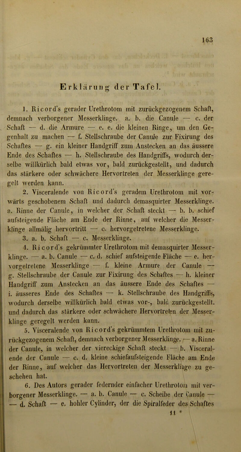 Erklärung der Tafel. 1. Ricord’s gerader Urethrotom mit zurückgezogenem Schaft, demnach verborgener Messerklinge, a. b. die Canule — c. der Schaft — d. die Artnure — e. e. die kleinen Ringe, um den Ge- genhalt zu machen — f. Stellschraube der Canule zur Fixirung des Schaftes — g. ein kleiner Handgriff zum Anstecken an das äussere Ende des Schaftes — h. Stellschraube des Handgriffs, wodurch der- selbe willkürlich bald etwas vor, bald zurückgestellt, und dadurch das stärkere oder schwächere Hervortreten der Messerklinge gere- gelt werden kann. 2. Visceralende von Ricord’s geradem Urethrotom mit vor- wärts geschobenem Schaft und dadurch deinasquirter Messerklinge, a. Rinne der Canule, in welcher der Schaft steckt — b. b. schief aufsteigende Fläche am Ende der Rinne, auf welcher die Messer- klinge allmälig hervortritt — c. hervorgetretene Messerklinge. 3. a. b. Schaft — c. Messerklinge. 4. Ricord’s gekrümmter Urethrotom mit deinasquirter Messer- klinge. — a. b. Canule — c. d. schief aufsteigende Fläche — e. her- vorgelretene Messerklinge — f. kleine Armure der Canule — g. Stellschraube der Canule zur Fixirung des Schaftes — h. kleiner Handgriff zum Anstecken an das äussere Ende des Schaftes — i. äusseres Ende des Schaftes — k. Stellschraube des Handgriffs, wodurch derselbe willkürlich bald etwas vor-, bald zurückgestellt, und dadurch das stärkere oder schwächere Hervortreten der Messer- klinge geregelt werden kann. 5. Visceralende von Ricord’s gekrümmtem Urethrotom mit zu- rückgezogenem Schaft, demnach verborgener Messerklinge. — a. Rinne der Canule, in welcher der viereckige Schaft steckt — b. Visceral- ende der Canule — c. d. kleine schiefaufsteigende Fläche am Ende der Rinne, auf welcher das Hervortreten der Messerklinge zu ge- schehen hat. 6. Des Autors gerader federnder einfacher Urethrotom mit ver- borgener Messerklinge. — a. b. Canule — c. Scheibe der ijanule — — d. Schaft — e. hohler Cylinder, der die Spiralfeder des Schaftes 11 *