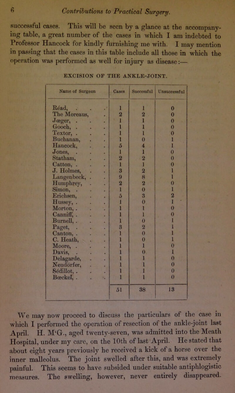 succesaful cases. This will be seen by a glance at the accompany- ing table, a great number of the cases in which I am indebted to Professor Hancock for kindly furnishing me with. I may mention in passing that the cases in this table include all those in which the operation was performed as well for injury as disease:— EXCISION OF THE ANKLE-JOINT. Name of Surgeon Cases Successful Unsuccessful Read, 1 1 0 The liloreaus, 2 2 0 Jeeger, . 1 1 0 Gooch, . 1 1 0 Textor, . 1 1 0 Buchanan, 1 0 1 Hancock, 5 4 1 Jones, 1 1 0 Statham, 2 2 0 Catton, . 1 1 0 J. Holmes, 3 2 1 Langenbeck, . 9 8 1 Humphrey, 2 2 0 Simon, . 1 0 1 Erichsen, 5 3 2 Hussey, . 1 0 I ■ Morton, . 1 1 0 Canniff, . 1 1 0 Burnell, . 1 0 1 Paget, . 3 2 1 Canton, . 1 0 1 C. Heath, 1 0 1 Moore, . 1 1 0 Davis, 1 0 1 Delagarde, 1 1 0 Neudbrfer, 1 1 0 Sedillot, . 1 1 0 Bceckel, . 1 1 0 51 38 13 We. may now proceed to discuss the particulars of the case in Avhich 1 performed the operation of resection of the ankle-joint last April. H. M‘G., aged twenty-seven, was admitted into the Meath Hospital, under my care, on the 10th of last April. He stated that about eight years previously he received a kick of a horse over the inner malleolus. The joint swelled after this, and was extremely painful. This seems to have subsided under suitable antiphlogistic mesisures. The swelling, however, never entirely disappeared.