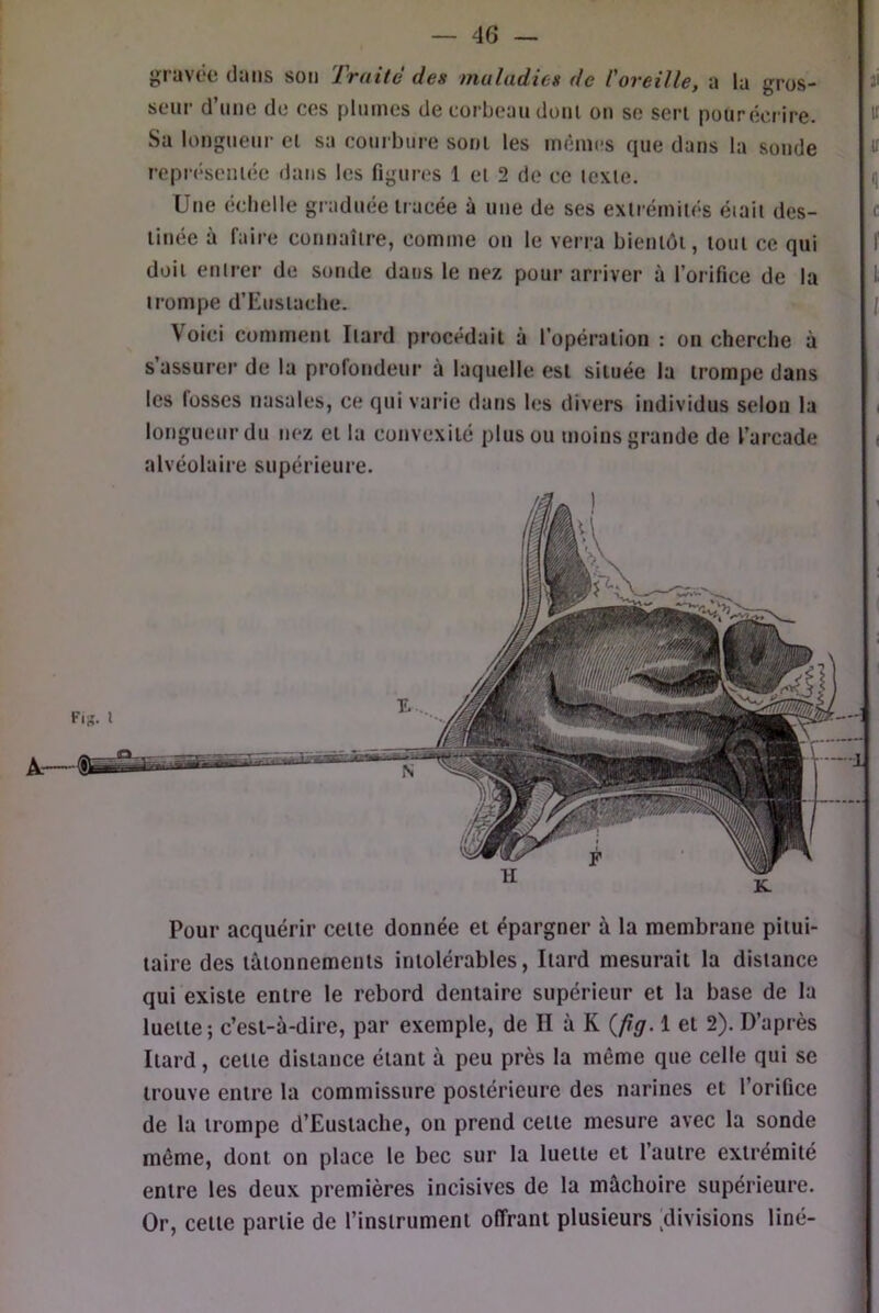 gravée dans son Traite des maladies de l'oreille, a la gros- seur d’une de ces plumes de corbeau dont on se sert pour écrire. Sa longueur et sa courbure sont les mêmes que dans la sonde représentée dans les figures 1 et 2 de ce texte. Une echelle graduée tracée à une de ses extrémités éiait des- tinée à faire connaître, comme on le verra bientôt, tout ce qui doit entrer de sonde dans le nez pour arriver à l’orifice de la trompe d’Eustache. Voici comment Iiard procédait à l’opération : on cherche à s assurer de la profondeur à laquelle est située la trompe dans les fosses nasales, ce qui varie dans les divers individus selon la longueur du nez et la convexité plus ou moins grande de l’arcade alvéolaire supérieure. Pour acquérir cette donnée et épargner à la membrane pitui- taire des tâtonnements intolérables, Itard mesurait la distance qui existe entre le rebord dentaire supérieur et la base de la luette ; c’est-à-dire, par exemple, de II à K {fig. 1 et 2). D’après Itard, celte distance étant à peu près la même que celle qui se trouve entre la commissure postérieure des narines et l’orifice de la trompe d’Eusiache, on prend celle mesure avec la sonde même, dont on place le bec sur la luette et faulre extrémité entre les deux premières incisives de la mâchoire supérieure. Or, celle partie de l’instrument offrant plusieurs ,divisions liné-