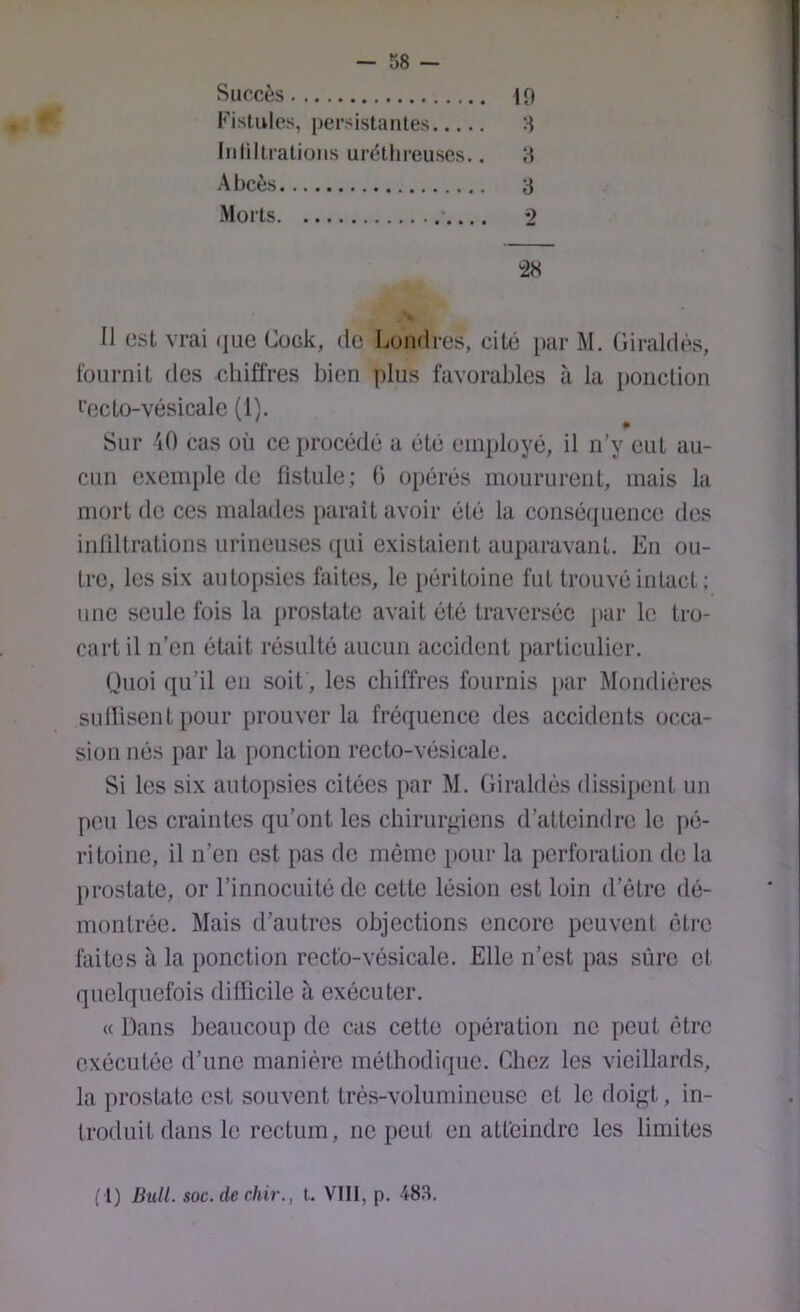 Succès 10 Fistules, persistantes 8 Inliltratioiis urétlireuses,. 8 Abcès 3 Moits 2 •2H 11 est vrai (]ue Cock, do Londres, cité par M. Giraldès, fournit des chiffres bien plus favorables à la i)onclion Lîcto-vésicale (1). Sur 40 cas où ce procédé a été employé, il n’y eut au- cun exemple de fistule; 0 opérés moururent, mais la mort de ces malades paraît avoir été la conséquence des inliltrations urineuses ([ui existaient auparavant. En ou- tre, les six autopsies faites, le péritoine fut trouvé intact : nue seule fois la prostate avait été traversée par le tro- cart il n’en éUiit résulté aucun accident particulier. Quoi qu’il en soit, les chiffres fournis par Mondiéres sullisent pour prouver la fréquence des accidents occa- sionnés par la ponction recto-vésicale. Si les six autopsies citées par M. Giraldès dissipent un peu les craintes qu’ont les chirurp,iens d’atteindre le pé- ritoine, il n’en est pas de même pour la perforation de la prostate, or l’innocuité de cette lésion est loin d’être dé- montrée. Mais d’autres objections encore peuvent être faites à la ponction rect'o-vésicale. Elle n’est pas sûre el quelquefois difficile à exécuter. « Dans lieaucoup de cas cette opération ne peut être exécutée d’une manière méthodique. Chez les vieillards, la prostate est souvent très-volumineuse et le doigt, in- troduit dans le rectum, ne peut en atteindre les limites f l) Bull, soc.dechir., t. VIII, p. 48.8.