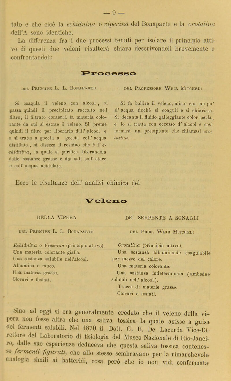 talo e che cicè la eckiclnina o viperina del Bonaparte e la crolaUna dell’A sono identiche. La differenza fra i due processi tenuti per isolare il principio atti- vo di questi due veleni risulterà chiara descrivendoli brevemente e ■confrontandoli: I=»xrocesso DEL Principe L. L. Bonaparte del Professore Weir Mitcheli Si coagula il veleno con alcool , si passa quindi il precipitato raccolto nel tiltro; il filtrato conterrà la materia colo- rante da cui si estrae il veleno. Si preme quindi il filtro per liberarlo dall’ alcool e o sì tratta a goccia a goccia coll’ acqua distillata , si disecca il residuo che è 1’ e- chidnina, la quale si purifica liberandola dalle sostanze grasse e dai sali coll’ etere e coir acqua acidulata. Si fa bollire il veleno, misto con un po’ d’ acqua finché si coaguli e si chiarisca. Si decanta il fluido galleggiante color perla, e lo si tratta con eccesso d’ alcool e così formasi un precipitato che chiamasi cro- talina. Ecco le risultanze dell’ analisi chimica del V elerxo DELLA VIPERA DEL Principe L. L. Bonaparte Echidnina o Viperina (principio attivo). Una materia colorante gialla. Una sostanza salubile nell’alcool Albumina o muco. Una materia grassa. Cloruri e fosfati. DEL SERPENTE A SONAGLI DEL Prof. Weir Mitcheli Crotalina (principio attivo). Una sostanza albuminoide coagulabile per mezzo del calore. Una materia colorante. Una sostanza indeterminata ( ambedue solubili nell’ alcool ). Tracce di materie grasse. Cloruri e fosfati. Sino ad oggi si era generalmente creduto che il veleno della vi- pera non fosse altro che una saliva tossica la quale agisse a guisa dei fermenti solubili. Nel 1870 il Dott. G. B. De Lacerda Vice-Di- rettore del Laboratorio di fisiologia del Museo Nazionale di Rio-Janei- ro, dalle sue esperienze deduceva che questa saliva tossica contenes- se fermenti figurali, che allo stesso sembravano per la rimarchevole analogia simili ai batteridi, cosa però che io non vidi confermata