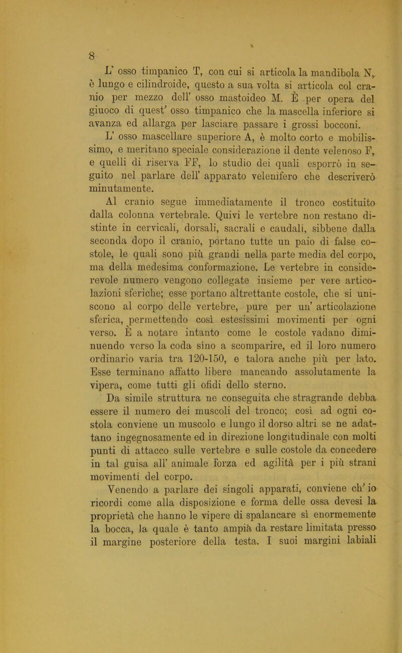 L’ osso timpanico T, con cui si articola la mandibola N, è lungo e cilindroide, questo a sua volta si articola col cra- nio per mezzo dell’ osso mastoideo M. È per opera del giuoco di quest’ osso timpanico che la mascella inferiore si avanza ed allarga per lasciare passare i grossi bocconi. L’ osso mascellare superiore A, è molto corto e mobilis- simo, e meritano speciale considerazione il dente velenoso F, e quelli di riserva FF, lo studio dei quali esporrò in se- guito nel parlare dell’ apparato velenifero che descriverò minutamente. Al cranio segue immediatamente il tronco costituito dalla colonna vertebrale. Quivi le vertebre non restano di- stinte in cervicali, dorsali, sacrali e caudali, sibbene dalla seconda dopo il cranio, portano tutte un paio di false co- stole, le quali sono più grandi nella parte media del corpo, ma della medesima conformazione. Le vertebre in conside- revole numero vengono collegate insieme per vere artico- lazioni sferiche; esse portano altrettante costole, che si uni- scono al corpo delle vertebre, pure per un’ articolazione sferica, permettendo così estesissimi movimenti per ogni verso. È a notare intanto come le costole vadano dimi- nuendo verso la coda sino a scomparire, ed il loro numero ordinario varia tra 120-150, e talora anche più per lato. Esse terminano affatto libere mancando assolutamente la vipera, come tutti gli ofidi dello sterno. Da simile struttura ne conseguita che stragrande debba essere il numero dei muscoli del tronco; così ad ogni co- stola conviene un muscolo e luugo il dorso altri se ne adat- tano ingegnosamente ed in direzione longitudinale con molti punti di attacco sulle vertebre e sulle costole da concedere in tal guisa all’ animale Forza ed agilità per i più strani movimenti del corpo. Venendo a parlare dei singoli apparati, conviene ch’io ricordi come alla disposizione e forma delle ossa devesi la proprietà che hanno le vipere di spalancare sì enormemente la bocca, la quale è tanto ampià da restare limitata presso il margine posteriore della testa. I suoi margini labiali