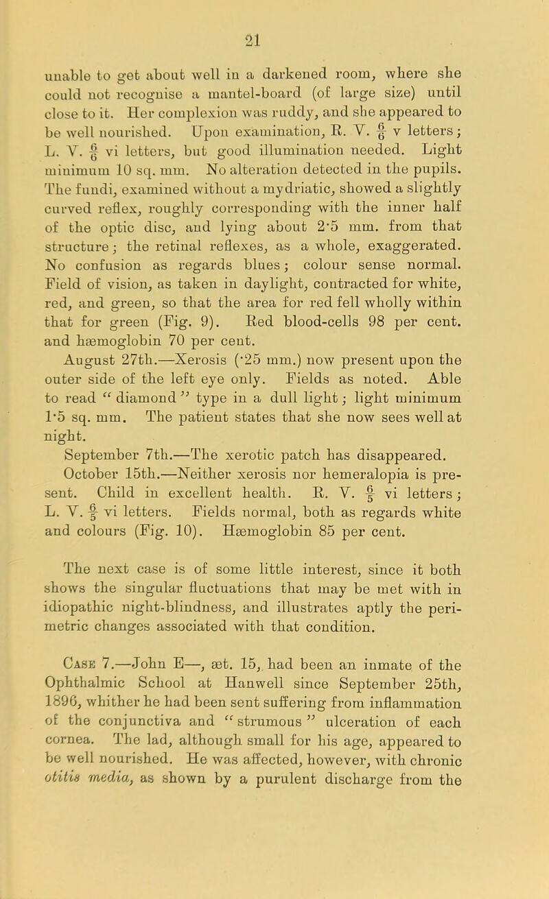 uuable to get about well in a darkened room, where she could not recognise a mantel-board (of large size) until close to it. Her complexion was ruddy, and she appeared to be well nourished. Upon examination, R. V. ^ v letters; L. Y. ^ vi letters, but good illumination needed. Light minimum 10 sq. mm. No alteration detected in the pupils. The fundi, examined without a mydriatic, showed a slightly curved reflex, roughly corresponding with the inner half of the optic disc, and lying about 2*5 mm. from that structure; the retinal reflexes, as a whole, exaggerated. No confusion as regards blues; colour sense normal. Field of vision, as taken in daylight, contracted for white, red, and green, so that the area for red fell wholly within that for green (Fig. 9). Red blood-cells 98 per cent, and hismoglobin 70 per cent. August 27th.—Xerosis (*25 mm.) now present upon the outer side of the left eye only. Fields as noted. Able to read “ diamond ’’ type in a dull light; light minimum 1'5 sq. mm. The patient states that she now sees well at night. September 7th.—The xerotic patch has disappeared. October 15th.—Neither xerosis nor hemeralopia is pre- sent. Child in excellent health. R. V. -f vi letters; L. Y. vi letters. Fields normal, both as regards white and colours (Fig. 10). Hmmoglobin 85 per cent. The next case is of some little interest, since it both shows the singular fluctuations that may be met with in idiopathic night-blindness, and illustrates aptly the peri- metric changes associated with that condition. Case 7.—John E—, set. 15, had been an inmate of the Ophthalmic School at Hanwell since September 25th, 1896, whither he had been sent suffering from inflammation of the conjunctiva and strumousulceration of each cornea. The lad, although small for his age, appeared to be well nourished. He was affected, however, with chronic otitis media, as shown by a purulent discharge from the