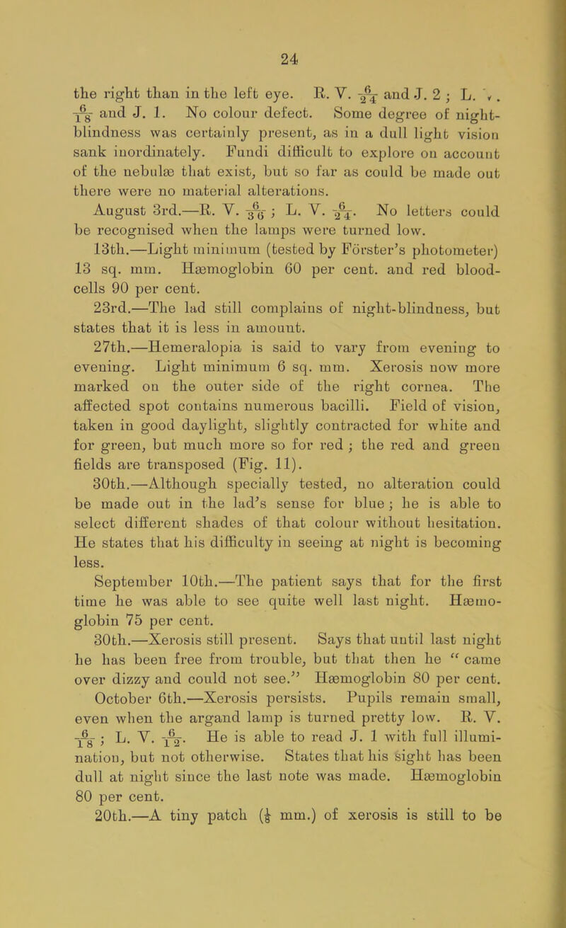 the right than in the left eye. R. V. and J. 2 ; L. \ . and J. 1. No colour defect. Some degree of night- blindness was certainly present, as in a dull light vision sank inordinately. Fundi difficult to explore on account of the nebul® that exist, but so far as could be made out there were no material alterations. August 3rd.—R. V. 3^-; L. V. -2-4. No letters could be recognised when the lamps were turned low. 13th.—Light minimum (tested by Forster’s photometer) 13 sq. mm. Hmmoglobin 60 per cent, and I’ed blood- cells 90 per cent. 23rd.—The lad still complains of night-blindness, but states that it is less in amount. 27th.—Hemeralopia is said to vary from evening to evening. Light minimum 6 sq. mm. Xerosis now more marked on the outer side of the right cornea. The affected spot contains numerous bacilli. Field of vision, taken in good daylight, slightly contracted for white and for green, but much more so for x*ed ; the red and green fields are transposed (Fig. 11). 30th.—Although specially tested, no alteration could be made out in the lad’s sense for blue ; he is able to select different shades of that colour without hesitation. He states that his difficulty in seeing at night is becoming less. September 10th.—The patient says that for the first time he was able to see quite well last night. Hemo- globin 75 per cent. 30th.—Xerosis still present. Says that uutil last night he has been free from trouble, but that then he “ came over dizzy and could not see.” Hemoglobin 80 per cent. October 6th.—Xerosis persists. Pupils remain small, even when the argand lamp is tuimed pretty low. R. V. -j-g- ; L. V. He is able to read J. 1 with full illumi- nation, but not otherwise. States that his sight has been dull at night siuce the last note was made. Hemoglobin 80 per cent. 20th.—A tiny patch (^ mm.) of xerosis is still to be
