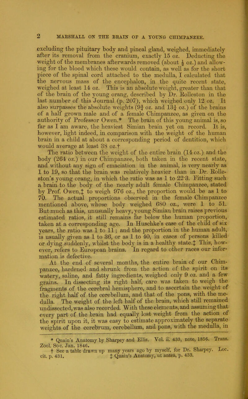 excluding the pituitary body and pineal gland, weighed, immediately after its removal from the craniiun, exactly 15 oz. Deducting the weight of the membranes afterwards removed (about ^ oz.) and allow- ing for the blood which these would contain, as well as for the short piece of the spinal cord attached to the medulla, I calculated that the nervous mass of the encephalon, in the quite recent state, weighed at least 14 oz. This is an absolute weight, greater than that of the brain of the young orang, described by Dr. KoUeston in the last number of this Journal (p. 207), which weighed only 12 oz. It also surpasses the absolute weights (9| oz. and 13^ oz.) of the brains of a half grown male and of a female Chimpanzee, as given on the authority of Professor Owen.* The brain of this young animal is, so far as I am aware, the heaviest Simian brain yet on record. It is, however, light indeed, in comparison vdth the weight of the human brain in a child at about a corresponding period of dentition, which would average at least 38 oz.f The ratio between the weight of the entire brain (14 oz.) and the body (264 oz.) in our Chimpanzee, both taken in the recent state, and without any sign of emaciation in the animal, is very nearly as 1 to 19, so that the brain was relatively heavier than in Dr. EoUe- ston’s young orang, in which the ratio was as 1 to 22’3. Pitting such a brain to the body of the nearly adult female Chimpanzee, stated by Prof. Owen,J to weigh 976 oz., the proportion would be as 1 to 70. The actual proportions observed in the female Chimpanzee mentioned above, whose body weighed 680 oz., were 1 to 51. But much as this, unusually heavy, young Simian brain raises previous estimated ratios, it still remains far below the human proportion, taken at a corresponding age. In Huschke’s case of the child of six years, the ratio was 1 to 11; and the proportion in the human adult, is usually given as 1 to 36, or as 1 to 40, in cases of persons killed or dying suddenly, whilst the body is in a healthy state. J This, how- ever, refers to European brains. In regard to other races our infor- mation is defective. At the end of several months, the entire brain of our Chim- panzee, hardened and shrunk from the action of the spirit on its watery, saline, and fatty ingredients, weighed only 9 oz. and a few grains. In dissecting its I'ight half, care was taken to weigh the fragments of the cerebral hemisphere, and to ascertain the weight of the right half of the cerebellum, and that of the pons, with the me- dulla. The weight of the left half of the brain, which still remained undissected, was also recorded. With these elements, and assuming that every part of the brain had equally lost weight from the action of the spirit upon it, it was easy to estimate approximately the separate weights of the cerebrum, cerebellum, and pons, with the medmla, in * Quain’s Anatomy by Sharpey and Ellis. Vol. ii. 433, note, 1856. Trans. Zool. Soc. Jan. 1846. t See a table drawn np many years ago by myself, for Dr. Sharpey. Loc. cit. p. 431. 1 Quain’s Anatomy, ut antea, p. 433.