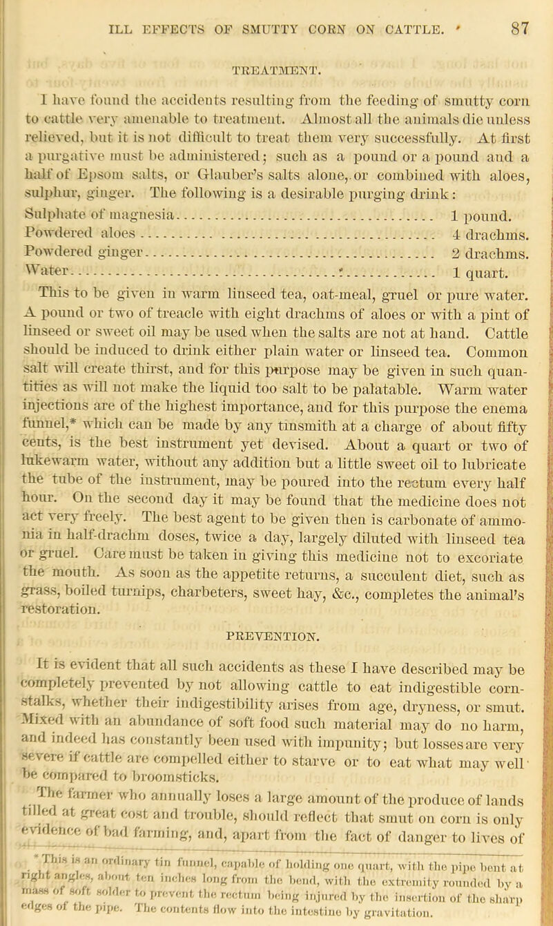 TEEATMENT. 1 have fouml the accidents resulting from the feeding of smutty com to cattle very amenable to treatment. Almost all the animals die unless relieved, but it is not ditlicult to treat them very successfully. At first a purgative must be administered; such as a pound or a pound and a half of E])som salts, or Glauber’s salts alone,.or combined with aloes, sulphur, ginger. The following is a desirable purging drink: Sulphate of magnesia 1 pound. Powdered aloes 4 drachms. Powdered ginger 2 drachms. \\ ater t 1 quart. This to be given in warm linseed tea, oat-meal, gTuel or pure water. A pound or two of treacle with eight drachms of aloes or with a joint of linseed or sweet oil may be used when the salts are not at hand. Cattle should be induced to drink either plain water or linseed tea. Common salt will create thirst, and for this ptmpose inay be given in such quan- tities as will not make the liquid too salt to be palatable. Warm water injections are of the highest importance, and for this jourpose the enema fimnel,* which can be made by any tinsmith at a charge of about fifty cents, is the best instrument yet devised. About a quart or two of lukewarm water, without any addition but a little sweet oil to lubricate the tube of the instrument, may be poured into the rectum every half hour. On the second day it may be found that the medicine does not act very freely. The best agent to be given then is carbonate of ammo- nia in halt-drachm doses, twice a day, largely diluted with linseed tea or gi’uel. Care must be taken in giving this medicine not to excoriate the mouth. As soon as the appetite returns, a succulent diet, such as grass, boiled tiumips, charbeters, sweet hay, »&c., completes the animal’s restoration. PEEVENTION. It is evident that all such accidents as these I have described may be completeljf j)revented bj’ not allowing cattle to eat indigestible corn- stalks, whether their indigestibility arises from age, drjmess, or smut. Mixed with an alnuidance of soft food such material may do no harm, and indeed lias constantly been used Avith impunity; but lossesare very severe if cattle are compelled either to starve or to eat what may well be compared to broomsticks. The farmer avIio annually loses a large amount of the produce of lands tilled at great cost and trouble, should reflect that smut on corn is only evidence of bad farming, and, apart from tbe fact of danger to lives of * Tbi.s 1.H an or.litiary tin funnel, eai)al)le t.f liolding one quart, witli tlio pipe bent at right anglea, about ten inclie.s long from the bend, witb the extreniity rounded by a inasa of soft solder to prevent tbe rectnin b.-ing injured by tin, insertion of the sliari. ebges ol tbe pipe, the contents flow into tbe intestine by gravitation.