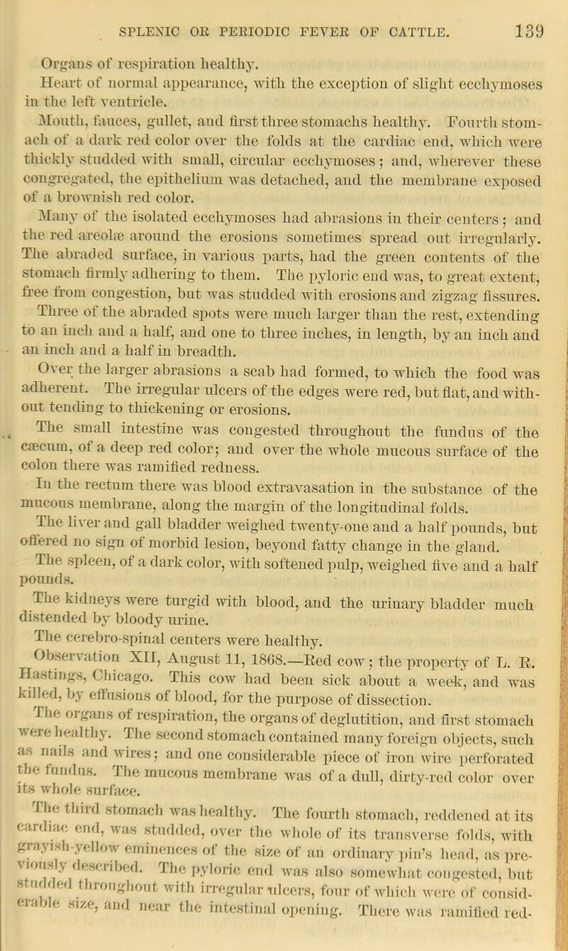 Organs of respiration liealtliy. ileart of normal appearance, witli the exception of slight ecchymoses in the left ventricle. ]\Ionth, fauces, gullet, and first three stomachs healthy. Fourth stom- ach of a dark red color over the folds at the cardiac end, which were thickly studded with small, circular ecchymoses; and, wherever these congregated, the epithelium was detached, and the membrane exposed of a brownish red color. Many of the isolated ecchymoses had abrasions in their centers; and the red areohn around the erosions sometimes spread out irregularly. The abraded surface, in various liarts, had the green contents of the stomach firmly adhering to them. The pyloric end was, to great extent, free from congestion, but was studded with erosions and zigzag fissures. Three of the abraded spots were much larger than the rest, extending to an inch and a half, and one to three inches, in length, by an inch and an inch and a half in breadth. Over the larger abrasions a scab had formed, to which the food was adherent. The irregular idcers of the edges were red, but flat, and with- out tending to thickening or erosions. The small intestine was congested throughout the fundus of the ctecum, of a deep red color 5 and over the whole mucous surface of the colon there was ramified redness. In the rectum there was blood extravasation in the substance of the mucous membrane, along the margin of the longitudinal folds. The li\ er and gall bladder weighed twenty-one and a half pounds, but oflered no sign of morbid lesion, beyond fatty change in the gland. The spleen, of a dark color, with softened pulp, weighed five and a half pound.s. The kidneys were turgid with blood, and the urinary bladder much distended by bloody urine. The cerebro-spinal centers were healthy. Observation XII, August 11, 18G8.—Red cow; the property of L. R. Hastings, Chicago. This cow had been sick about a week, and was killed, by effusions of blood, for the purpose of dissection. The organs of respiration, the organs of deglutition, and first stomach V ere liealthy. The second stomach contained many foreign objects, such as nails and wires j and one considerable piece of iron wire perforated the fundus. The mucous membrane was of a dull, dirty-red color over its whole surface. The thii'd stomach was healthy. The fourth stomach, reddened at its cardiac end, was studded, over the whole of its transverse folds, with grajisli-vellow eminences of the size of an ordinaiy ])in’s head, as ])re- \ious y described. The pyloric end was also somewhat congested, but stndded throughout with irregular ulcers, four of which were of consid- erable size, and near the intestinal opening. There was ramified red-