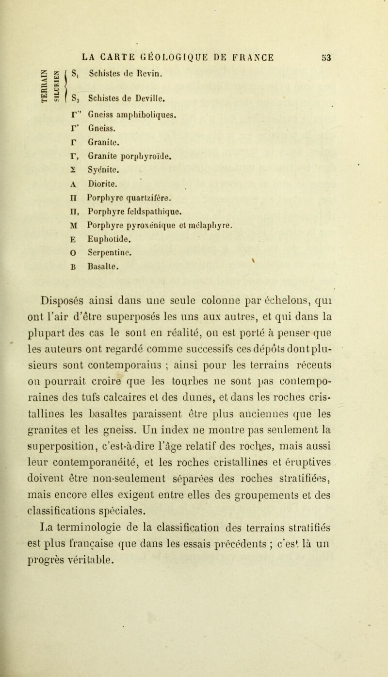 S, Schistes de Revin. S2 Schistes de Deville, r * Gneiss amphiboliques. r’ Gneiss, r Granité. T, Granité porpbyroïde. 2 Syénite. A Diorite. n Porphyre quartzifére. 17, Porphyre feldspathique. M Porphyre pyroxénique et mclaphyre. E Euphotide. O Serpentine. \ B Basalte. Disposés ainsi dans une seule colonne par échelons, qui ont l’air d’être superposés les uns aux autres, et qui dans la plupart des cas le sont en réalité, on est porté à penser que les auteurs ont regardé comme successifs ces dépôts dont plu- sieurs sont contemporains ; ainsi pour les terrains récents on pourrait croire que les tourbes ne sont pas contempo- raines des tufs calcaires eL des dunes, et dans les roches cris- tallines les basaltes paraissent être plus anciennes que les granités et les gneiss. Un index ne montre pas seulement la superposition, c’est-à-dire l’âge relatif des roches, mais aussi leur contemporanéité, et les roches cristallines et éruptives doivent être non-seulement séparées des roches stratifiées, mais encore elles exigent entre elles des groupements et des classifications spéciales. lia terminologie de la classification des terrains stratifiés est plus française que dans les essais précédents ; c’est là un progrès véritable.