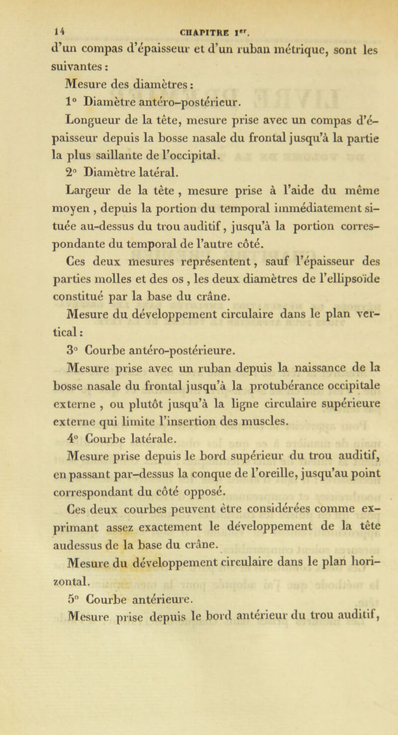 d’un compas d’épaisseur et d’un ruban métrique, sont les suivantes : Mesure des diamètres : 1° Diamètre antéro-postérieur. Longueur de la tête, mesure prise avec un compas d’é- paisseur depuis la bosse nasale du frontal jusqu’à la partie la plus saillante de l’occipital. 2° Diamètre latéral. Largeur de la tète , mesure prise à l’aide du même moyen , depuis la portion du temporal immédiatement si- tuée au-dessus du trou auditif, jusqu’à la portion corres- pondante du temporal de l’autre côté. Ces deux mesures représentent, sauf l’épaisseur des parties molles et des os , les deux diamètres de l’ellipsoïde constitué par la base du crâne. Mesure du développement circulaire dans le plan ver- tical : 3° Courbe antéro-postérieure. Mesure prise avec un ruban depuis la naissance de la bosse nasale du frontal jusqu’à la protubérance occipitale externe , ou plutôt jusqu’à la ligne circulaire supérieure externe qui limite l’insertion des muscles. 4° Courbe latérale. Mesure prise depuis le bord supérieur du trou auditif, en passant par-dessus la conque de l’oreille, jusqu’au point correspondant du côté opposé. Ces deux courbes peuvent être considérées comme ex- primant assez exactement le développement de la tête audessus de la base du crâne. Mesure du développement circulaire dans le plan hori- zontal. 5° Courbe antérieure. Mesure prise depuis le bord antérieur du trou auditif,