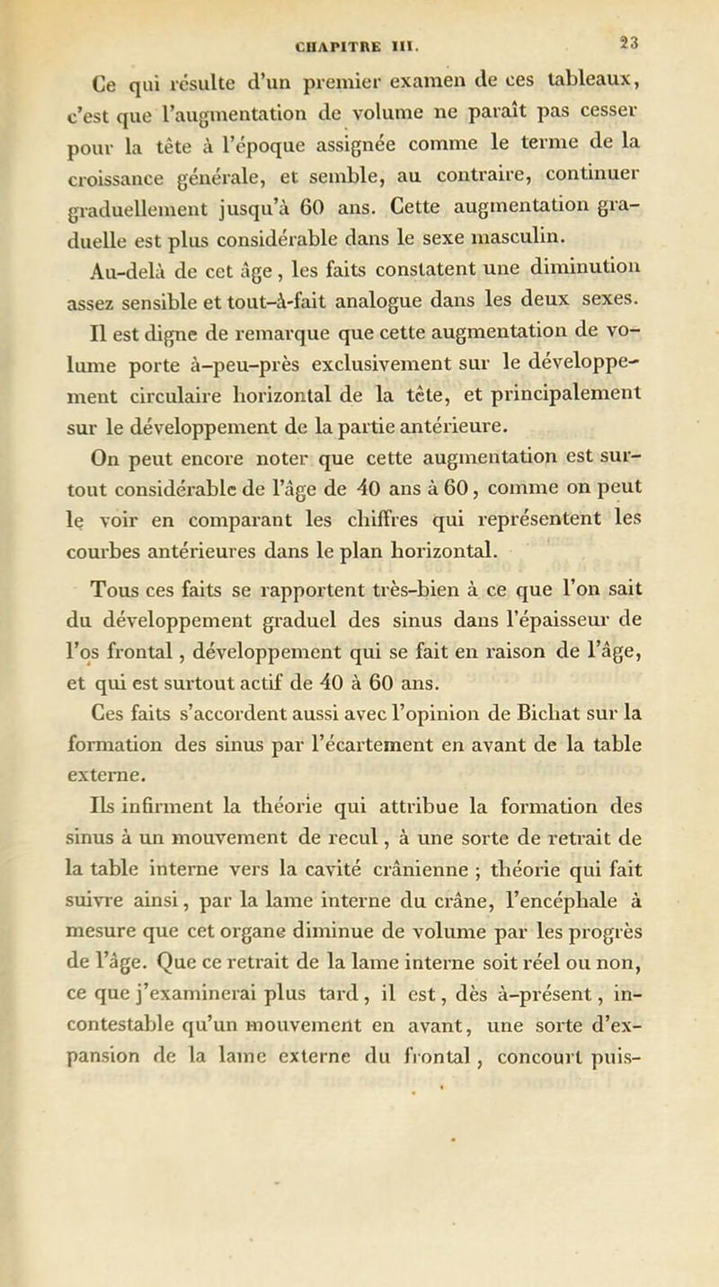 Ce qui résulte d’un premier examen de ces tableaux, c’est que l’augmentation de volume ne paraît pas cesser pour la tète à l’époque assignée comme le terme de la croissance générale, et semble, au contraire, continuer graduellement jusqu’à 60 ans. Cette augmentation gra- duelle est plus considérable dans le sexe masculin. Au-delà de cet âge, les faits constatent une diminution assez sensible et tout-à-fait analogue dans les deux sexes. Il est digne de remarque que cette augmentation de vo- lume porte à-peu-près exclusivement sur le développe- ment circulaire horizontal de la tète, et principalement sur le développement de la partie antérieure. On peut encore noter que cette augmentation est sur- tout considérable de l’âge de 40 ans à 60, comme on peut le voir en comparant les chiffres qui représentent les courbes antérieures dans le plan horizontal. Tous ces faits se rapportent très-bien à ce que l’on sait du développement graduel des sinus dans l’épaisseur de l’os frontal, développement qui se fait en raison de l’âge, et qui est surtout actif de 40 à 60 ans. Ces faits s’accordent aussi avec l’opinion de Bicliat sur la formation des sinus par l’écartement en avant de la table externe. Ils infirment la théorie qui attribue la formation des sinus à un mouvement de recul, à une sorte de retrait de la table interne vers la cavité crânienne ; théorie qui fait suivre ainsi, par la lame interne du crâne, l’encéphale à mesure que cet organe diminue de volume par les progrès de l’âge. Que ce retrait de la lame interne soit réel ou non, ce que j’examinerai plus tard , il est, dès à-présent, in- contestable qu’un mouvement en avant, une sorte d’ex- pansion de la lame externe du frontal , concourt puis-