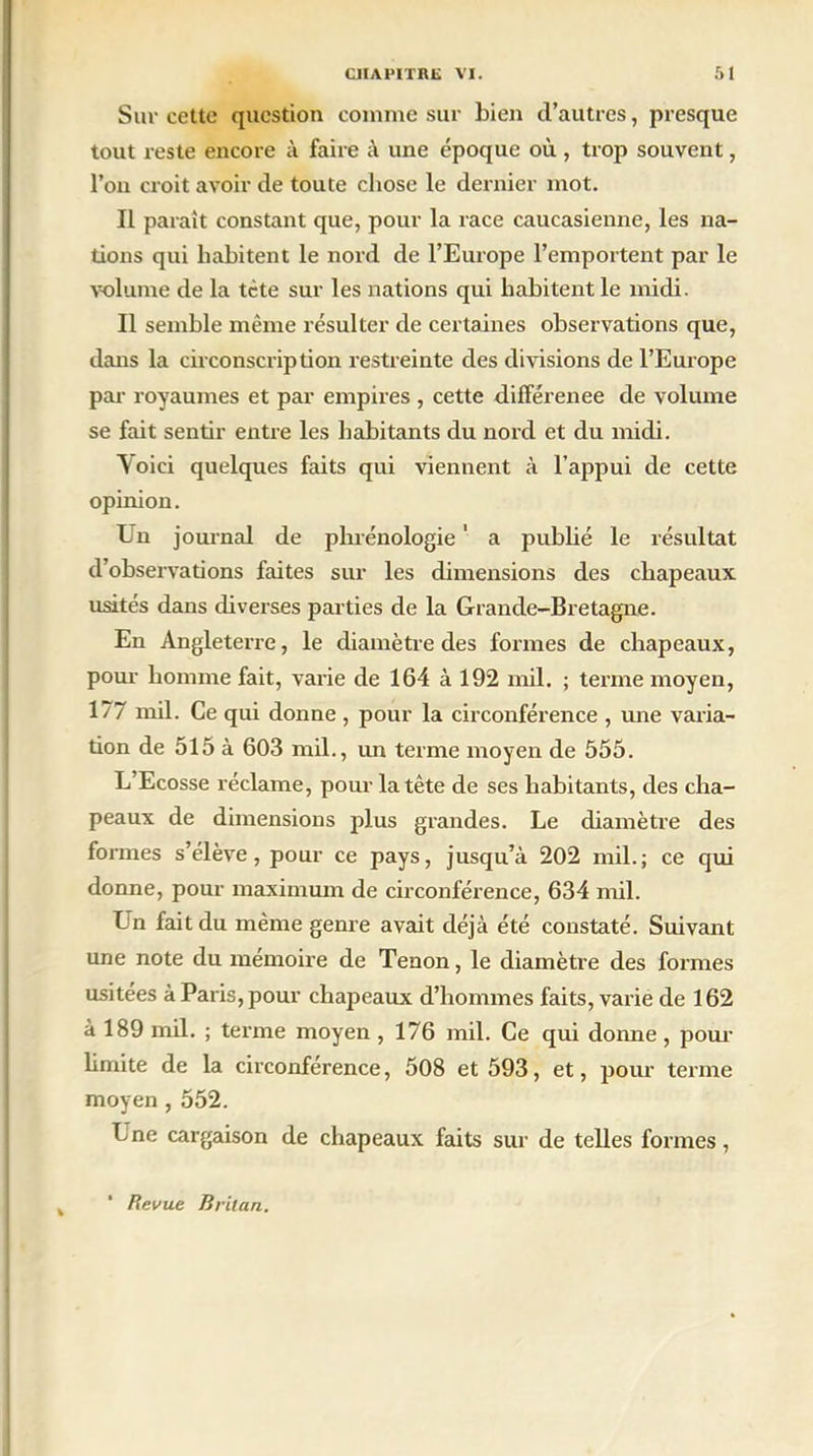 Sur cette question comme sur bien d’autres, presque tout reste encore à faire à une époque où, trop souvent, l’on croit avoir de toute chose le dernier mot. Il paraît constant que, pour la race caucasienne, les na- tions qui habitent le nord de l’Europe l’emportent par le volume de la tète sur les nations qui habitent le midi. Il semble même résulter de certaines observations que, dans la circonscription restreinte des divisions de l’Europe par royaumes et par empires , cette différence de volume se fait sentir entre les habitants du nord et du midi. A oici quelques faits qui viennent à l’appui de cette opinion. Eu journal de phrénologie ' a publié le résultat d’observations faites sur les dimensions des chapeaux usités dans diverses parties de la Grande-Bretagne. En Angleterre, le diamètre des formes de chapeaux, pour homme fait, varie de 164 à 192 mil. ; terme moyen, 1/7 mil. Ce qui donne , pour la circonférence , une varia- tion de 515 à 603 mil., un terme moyen de 555. L’Ecosse réclame, pour la tête de ses habitants, des cha- peaux de dimensions plus grandes. Le diamètre des formes s’élève, pour ce pays, jusqu’à 202 mil.; ce qui donne, pour maximum de circonférence, 634 mil. Ln fait du même genre avait déjà été constaté. Suivant une note du mémoire de Tenon, le diamètre des formes usitées à Paris, pour chapeaux d’hommes faits, varie de 162 à 189 mil. ; terme moyen , 176 mil. Ce qui donne, pour limite de la circonférence, 508 et 593, et, pour terme moyen , 552. L ne cargaison de chapeaux faits sur de telles formes, Revue Brilan.