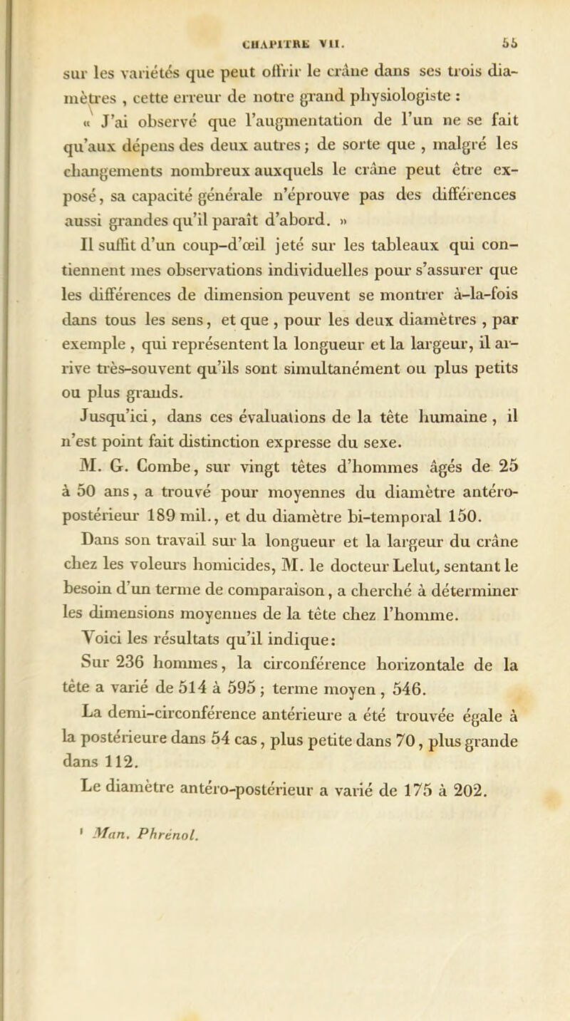 sur les variétés que peut offrir le crâne dans ses trois dia- mètres , cette erreur de notre grand physiologiste : «' J’ai observé que l’augmentation de l’un ne se fait qu’aux dépens des deux autres ; de sorte que , malgré les changements nombreux auxquels le crâne peut être ex- posé , sa capacité générale n’éprouve pas des différences aussi grandes qu’il paraît d’abord. » Il suffit d’un coup-d’œil jeté sur les tableaux qui con- tiennent mes observations individuelles pour s’assurer que les différences de dimension peuvent se montrer à-la-fois dans tous les sens, et que , pour les deux diamètres , par exemple , qui représentent la longueur et la largeur, il ar- rive très-souvent qu’ils sont simultanément ou plus petits ou plus grands. Jusqu’ici, dans ces évaluations de la tête humaine , il n’est point fait distinction expresse du sexe. M. G. Combe, sur vingt têtes d’hommes âgés de 25 à 50 ans, a trouvé pour moyennes du diamètre antéro- postérieur 189 mil., et du diamètre bi-temporal 150. Dans son travail sur la longueur et la largeur du crâne chez les voleurs homicides, M. le docteur Lelut, sentant le besoin d’un terme de comparaison, a cherché à déterminer les dimensions moyennes de la tête chez l’homme. Yoici les résultats qu’il indique: Sur 236 hommes, la circonférence horizontale de la tète a varié de 514 à 595 ; terme moyen , 546. La demi-circonférence antérieure a été trouvée égale à la postérieure dans 54 cas, plus petite dans 70, plus grande dans 112. Le diamètre antéro-postérieur a varié de 175 à 202. 1 Man. Phrénol.