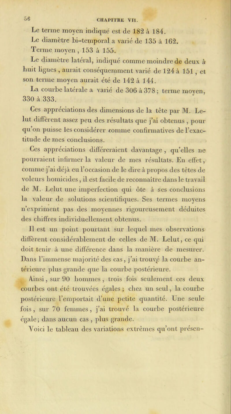 Le terme moyen indiqué est de 182 à 184. Le diamètre bi-temporal a varié de 135 à 162. Terme moyen , 153 à 155. Le diamètre latéral, indiqué comme moindre de deux à Luit lignes , aurait conséquemment varié de 124 à 151 , et son terme moyen aurait été de 142 à 144. La courbe latérale a varié de 306 à 378 ; terme moyen, 330 à 333. Ces appréciations des dimensions de la tête par M. Le- lut diffèrent assez peu des résultats que j’ai obtenus , pour qu’on puisse les considérer comme confirmatives de l’exac- titude de mes conclusions. Ces appréciations différeraient davantage , qu’elles ne pourraient infirmer la valeur de mes résultats. En effet, comme j’ai déjà eu l’occasion de le dire à propos des tètes de voleurs homicides, il est facile de reconnaître dans le travail de M. Lelut une imperfection qui ôte à ses conclusions la valeur de solutions scientifiques. Ses termes moyens n’expriment pas des moyennes rigoureusement déduites des chiffres individuellement obtenus. 11 est un point pourtant sur lequel mes observations diffèrent considérablement de celles de M. Lelut, ce qui doit tenir à une différence dans la manière de mesurer. Dans l’immense majorité des cas, j’ai trouvé la courbe an- térieure plus grande que la courbe postérieure. Ainsi, sur 90 hommes, trois fois seulement ces deux courbes ont été trouvées égales; chez un seul, la courbe postérieure l’emportait d’une petite quantité. Une seule fois, sur 70 femmes, j’ai trouvé la courbe postérieure égale; dans aucun cas , plus grande. Yoici le tableau des variations extrêmes qu’ont préseu-