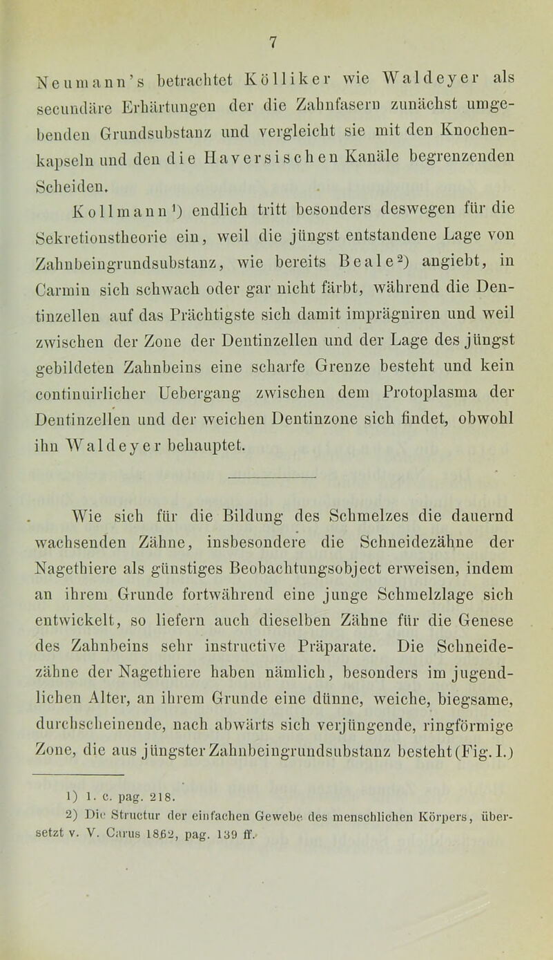 Neu mann’s betrachtet Kölliker wie Waldeyer als secundäre Erhärtungen der die Zahntäsern zunäehst umge- henden Grimdsuhstanz und vergleicht sie mit den Knochen- kapseln und den die H a v e r s i s c h e n Kanäle begrenzenden Scheiden. Ko 11 mann’) endlich tritt besonders deswegen für die Sekretionstlieorie ein, weil die jüngst entstandene Lage von Zahnheingrundsuhstanz, wie bereits Beale^) angiebt, in Carmin sich schwach oder gar nicht färbt, während die Den- tinzellen auf das Prächtigste sich damit iinprägniren und weil zwischen der Zone der Dentinzellen und der Lage des jüngst gebildeten Zahnbeins eine scharfe Grenze besteht und kein continuirlicher Uebergang zwischen dem Protoplasma der Dentinzellen und der weichen Deutinzone sich findet, obwohl ihn Waldeyer behauptet. Wie sich für die Bildung des Schmelzes die dauernd wachsenden Zähne, insbesondere die Schneidezähne der Nagetbiere als günstiges Beobachtungsobject erweisen, indem an ihrem Grunde fortwährend eine junge Schmelzlage sich entwickelt, so liefern auch dieselben Zähne für die Genese des Zahnbeins sehr instructive Präparate. Die Schneide- zähne der Nagetbiere haben nämlich, besonders im jugend- lichen Alter, an ihrem Grunde eine dünne, weiche, biegsame, durchscheinende, nach abwärts sich verjüngende, ringförmige Zone, die aus jüngster Zalinbeingrundsubstauz besteht (Fig. I.) 1) 1. c. pag. 218. 2) ])ic Structur der einfachen Gewebe des menschlichen Körpers, über- setzt V. V. Garns 1862, pag. 139 ff.-