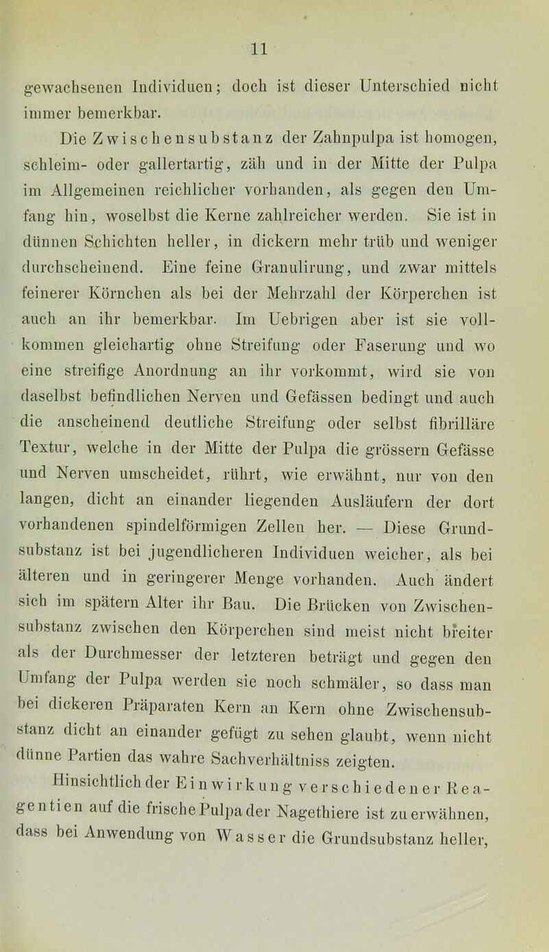 g-ewachsenen Individuen; doch ist dieser Unterschied nicht immer bemerkbar. Die Zwischensilbstanz der Zahnpulpa ist homogen, schleim- oder gallertartig, zäh und in der Mitte der Pulpa im Allgemeinen reichlicher vorhanden, als gegen den Um- fang hin, woselbst die Kerne zahlreicher werden. Sie ist in dünnen Schichten heller, in dickem mehr trüb und weniger durchscheinend. Eine feine Granulirung, und zwar mittels feinerer Körnchen als hei der Mehrzahl der Körperchen ist auch an ihr bemerkbar. Im Uebrigen aber ist sie voll- kommen gleichartig ohne Streifung oder Faserung und wo eine streifige Anordnung an ihr vorkommt, wird sie von daselbst befindlichen Nerven und Gefässen bedingt und auch die anscheinend deutliche Streifung oder selbst fibrilläre Textur, welche in der Mitte der Pulpa die grösseru Gefässe und Nerven umscheidet, rührt, wie erwähnt, nur von den langen, dicht an einander liegenden Ausläufern der dort vorhandenen siDindelförmigen Zellen her. — Diese Grund- substanz ist bei jugendlicheren Individuen weicher, als bei älteren und in geringerer Menge vorhanden. Auch ändert sich im spätem Alter ihr Bau. Die Brücken von Zwischen- substanz zwischen den Körperchen sind meist nicht breiter als der Durchmesser der letzteren beträgt und gegen den Umfang der Pulpa werden sie noch schmäler, so dass man bei dickeien Präparaten Kern an Kern ohne Zwischensub- stanz dicht an einander gefügt zu sehen glaubt, wenn nicht dünne Partien das wahre Sachverhältniss zeigten. Hinsichtlich der E i n w i r k u n g v e r s c h i e d e n e r li e a- gentien auf die frische Pulpa der Nagethiere ist zu erwähnen, dass bei Anwendung von Wasser die Grundsubstanz heller,