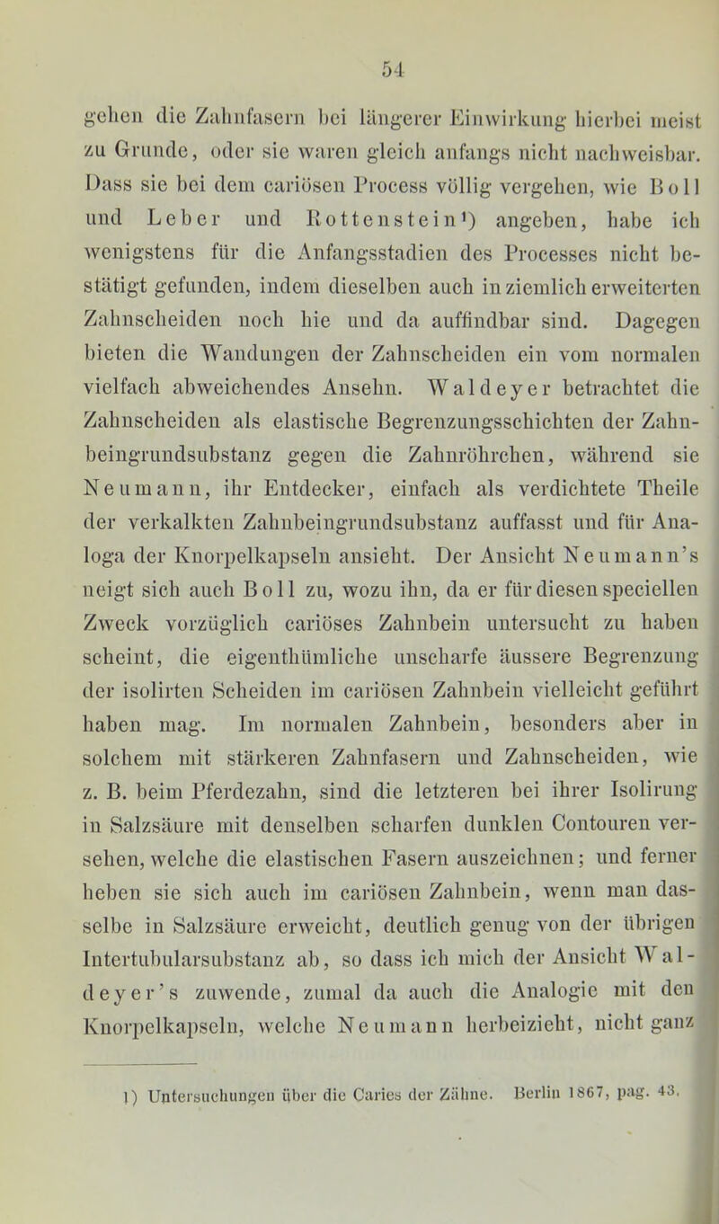 51 gehen die Zaliufasern bei längerer Einwirkung hierbei meist zu Grunde, oder sie waren gleich anfangs nicht nachweisbar. Dass sie bei dem cariosen Process völlig vergehen, wie Poll und Leber und Rotten stein’) angeben, habe ich wenigstens für die Anfangsstadien des Processes nicht be- stätigt gefunden, indem dieselben auch in ziemlich erweiterten Zahnscheiden noch hie und da auffindbar sind. Dagegen bieten die Wandungen der Zahnscheiden ein vom normalen vielfach abweichendes Ansehn. W a 1 d e y e r betrachtet die Zahnscheiden als elastische Begrenzungsschichten der Zahn- beingrundsubstanz gegen die Zahnröhrchen, während sie Neumann, ihr Entdecker, einfach als verdichtete Theile der verkalkten Zahnbeingrundsubstanz auffasst und für Ana- loga der Knorpelkapseln ansieht. Der Ansicht Ne um ann’s neigt sich auch Bo 11 zu, wozu ihn, da er für diesen speciellen Zweck vorzüglich cariöses Zahnbein untersucht zu haben scheint, die eigenthümliche unscharfe äussere Begrenzung der isolirten Scheiden im cariösen Zahnbein vielleicht geführt haben mag. Im normalen Zahnbein, besonders aber in solchem mit stärkeren Zahnfasern und Zahnscheiden, wie j z. B. beim Pferdezahn, sind die letzteren bei ihrer Isolirung in Salzsäure mit denselben scharfen dunklen Contouren ver- sehen, welche die elastisehen Fasern auszeichnen; und ferner heben sie sich auch im cariösen Zahnbein, wenn man das- selbe in Salzsäure erweicht, deutlich genug von der übrigen Intcrtubularsubstanz ab, so dass ich mich der Ansicht Wal- deyer’s zuwende, zumal da auch die Analogie mit den ; Knorpelkapscln, welche Neu manu herbeizieht, nicht ganz l) Untersuchungen über cUe Caries der Zähne. Berlin 1867, pag. 43. i