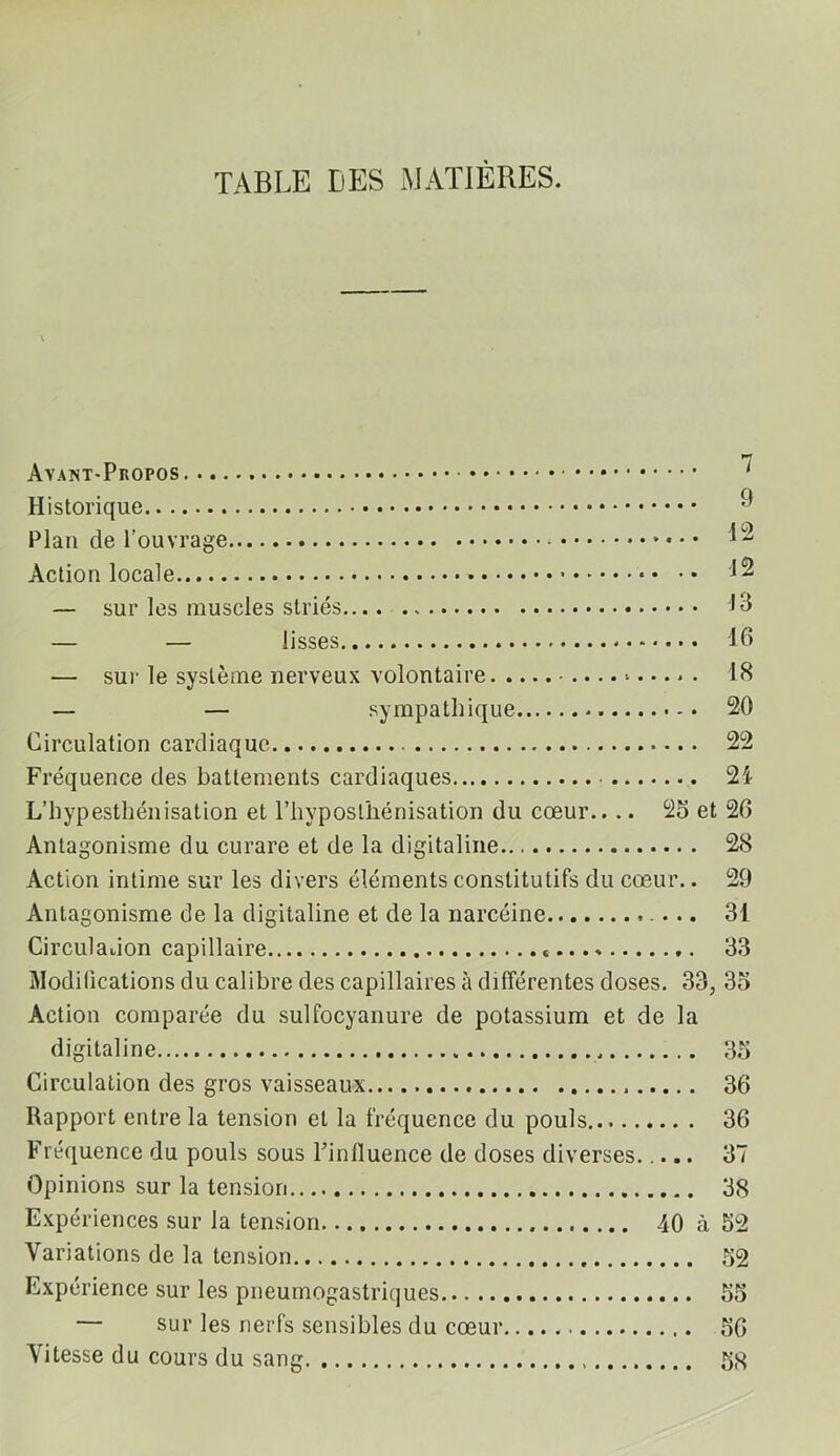 TABLE DES MATIÈRES. Avant-Propos ' Historique Plan de l’ouvrage • • • Action locale — sur les muscles striés 1^ — — lisses 16 — sur le système nerveux volontaire 18 — — sympathique 20 Circulation cardiaque 22 Fréquence des battements cardiaques 21 L’hypesthénisation et l’hyposthénisation du cœur.... 2o et 26 Antagonisme du curare et de la digitaline., 28 Action intime sur les divers éléments constitutifs du cœur.. 29 Antagonisme de la digitaline et de la narcéine 31 Circulation capillaire » 33 Modifications du calibre des capillaires à différentes doses. 33, 3o Action comparée du sulfocyanure de potassium et de la digitaline 35 Circulation des gros vaisseaux 36 Rapport entre la tension et la fréquence du pouls 36 Fréquence du pouls sous l’influence de doses diverses 37 Opinions sur la tension 38 Expériences sur la tension 40 à 52 Variations de la tension 52 Expérience sur les pneumogastriques 55 — sur les nerfs sensibles du cœur 56 Vitesse du cours du sang 5}^