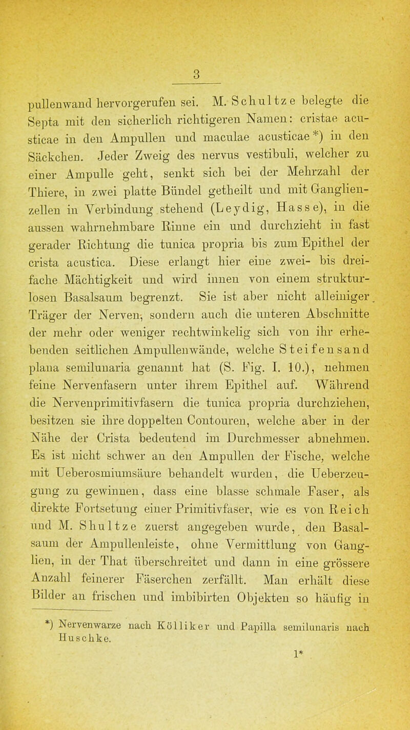 pullenwand hervorgerufen sei. M. Schultze belegte die Septa mit den sicherlich richtigeren Namen: cristae acu- sticae in den Ampullen und maculae acusticae *) in den Säckchen. Jeder Zweig des nervus vestibuli, welcher zu einer Ampulle geht, senkt sich hei der Mehrzahl der Thiere, in zwei platte Bündel getheilt und mit Ganglien- zellen in Verbindung stehend (Leydig, Hasse), in die aussen wahrnehmbare Rinne ein und durchzieht in fast gerader Richtung die tunica propria bis zum Epithel der crista acustica. Diese erlangt hier eine zwei- bis drei- fache Mächtigkeit und wird inneu von einem struktur- losen Basalsaum begrenzt. Sie ist aber nicht alleiniger Träger der Nerven-, sondern auch die unteren Abschnitte der mehr oder weniger rechtwinkelig sich von ihr erhe- benden seitlichen Ampullen wände, welche Steifensand plana semilunaria genannt hat (S. Fig. I. 10.), nehmeu feine Nervenfasern unter ihrem Epithel auf. Während die Nervenprimitivfasern die tunica propria durchziehen, besitzen sie ihre doppelten Contouren, welche aber in der Nähe der Crista bedeutend im Durchmesser abnehmen. Es ist nicht schwer an den Ampullen der Fische, welche mit Ueberosmiumsäure behandelt wurden, die IJeberzeu- gung zu gewinnen, dass eine blasse schmale Faser, als direkte Fortsetung einer Primitivfaser, wie es von Reich und M. Shultze zuerst angegeben wurde, den Basal- saum der Ampullenleiste, ohne Vermittlung von Gang- lien, in der That überschreitet und dann in eine grössere Anzahl feinerer Fäserchen zerfällt. Man erhält diese Bilder an frischen und imbibirten Objekten so häufig in *) Nervenwarze nach Kölliker und Papilla semilunaris nach Husclike. 1*