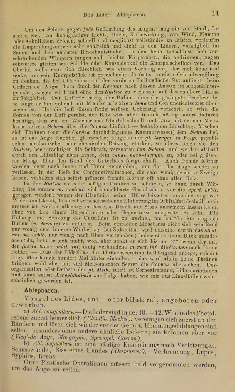 Die Lider. Ablepharon. Um den Schutz gegen jede Gcfllhrdnng des Auges, mag sie von Staub, In- secten etc., von hochgradiger Licht-, Hitze-, KHltewirkung, von Wind, Flamme oder Aehnlichem drohen, schnell und möglichst vollsülndig zu leisten, verlaufen die Empfindungsnerven sehr zahlreich und dicht in den Lidern, vorzüglich im Saume und dem nUchsten Bindehantstücke. In den beim Lidschluss sich ver- schränkenden Wimpern fangen sich leichte Körperchen, die andringen, gegen schwerere gleiten wie Schilde oder Kapseldeckel die Knorpelscheibcn vor. Das Oberlid stellt man sich fillschlich wie einen Vorhang vor, der sich hebe und senke, um sein Knorpelstiick ist er vielmehr als feste, vordere Orbitalwandlnng zu denken, die bei Lidschluss auf der vorderen Bulbusfläche fest aufliegt, beim Oeffnen des Auges dann durch den Levator nach dessen Ansatz im Augenhinter- grunde gezogen wird und ohne den IhilMts zu verlassen auf dessen obere Fläche zurückgleitet. Den Lnftreiz erträgt der Bulbus ohne die geringste Beschwerde, so lange er hinreichend mit Meibom'sehen Zmer und Conjuncticalsecret über- zogen ist. Hat die Luft diesen fettig serösen Ueberzug verzehrt, so wird die Cornea von der Luft gereizt, der Reiz wird aber instinktmässig sofort dadurch beseitigt, dass wie ein Wischer das Oberlid schnell und kurz mit seinem Mei- bom’schen Sebinn über die Co7-«effl hinfährt, — deshalb der Lidschlag. Mischen sich Thränen (oder die Cornea durchdringendes Kammerwassei) dem Sebum bei, so ist das Auge feuchter, glänzender; fnngireri die f/l. lacrym. in Folge psychi- schei’, mechanischer oder chemischer Reizung stärker, so überströmen sie den Bulbus, beeinträchtigen die Sehkraft, verzehren das Sebiun und werden alsbald durch den Lidschlag nach Innen, dem canal. naso-lacrym. zu, oder bei grösse- rer Menge über den Rand des Unterlides fortgeschafft. Auch fremde Körper werden meist nach Innen und Unten verschoben, um dort das Auge wieder zu verlassen. In der Tiefe der Conjunotivaltaschen, die sehr wenig sensitive Zweige haben, verhalten sich selbst grössere fremde Körper oft ohne allen Reiz. Ist der Bulbus vor sehr heftigen Insulten zu schützen, so kann durch Wir- kung des ganzen m. orbicul. viel benachbarte Gesichtshaut vor die aperl. orbil. gezogen werden; wegen der Elasticität seiner Hülse leistet er an sich eine grosse Widerstandskraft, die durch seineschwebende Einbettungim Orbitalfett deshalb noch grösser ist, weil er allseitig in dasselbe Druck und Stoss auswirken lassen kann, ohne von ihm einem Gegendrücke oder Gegenstosse auzgesetzt zu sein. Die Hebung und Senkung des Unterlides ist zu gering, um auf'die Stellung des Bulbus {v. Graefe) zu influiren. Beim einfachen Lidschluss zieht sich sein Rand nur wenig dem inneren Winkel zu, bei Zukneifen wird derselbe durch das straf, ext. in. orbic. nur wenig nach Oben verschoben; höher als er beim Blick gerade- aus steht, hebt er sich nicht, wohl aber senkt er sich bis um 2', wenn der mit der fascia tarso-orbil. inf. innig verbundene m.recl. inf. die Co»-He« nach Unten richtet. — Dass der Lidschlag die Thränensecretion bethätigend anrege, scheint irrig. Man blinzle hundert Mal hinter einander, — das wird allein keine Thränen bringen, wohl aber mit viel Meibom’schen Secret die Cornea überziehen. Des- organisation oder Defecte der yl. Ifleib. führt zu Cornealreizung, Lidexeoriationen und kann selbst Xerophlkalmie zur Folge haben, wie mir aus Einzelfällen wahr- scheinlich geworden ist. Ablepharon. Älangel des Lides, uni — oder bilateral, angeboren oder erworben. a) Ahl. cora^remtem. —Die Lider sind in derlO. —12.WochedesFoetal- lebens zuerst bemerklich (Blandin.,Meckel), vereinigen sich zuerst an den Rändern und losen sich wieder vor der Geburt. Heinmungsbildungensind selten, besonders ohne andere ähnliche Defecte; sie kommen aber vor (Vieq'-de Azyr, Morgagnie, Sprengel, Carron). b) Ahl. acquisitum \e,t eine häulige Erscheinung nach Verletzungen, ochusswimde, Hiss eines Hundes (Desmarres). Verbreni/ung, Lunus oyphilis, Krebs. 05 i i Cur: Plastische Operationen müssen bald vorgenommen werden lim das Auge zu retten. ’
