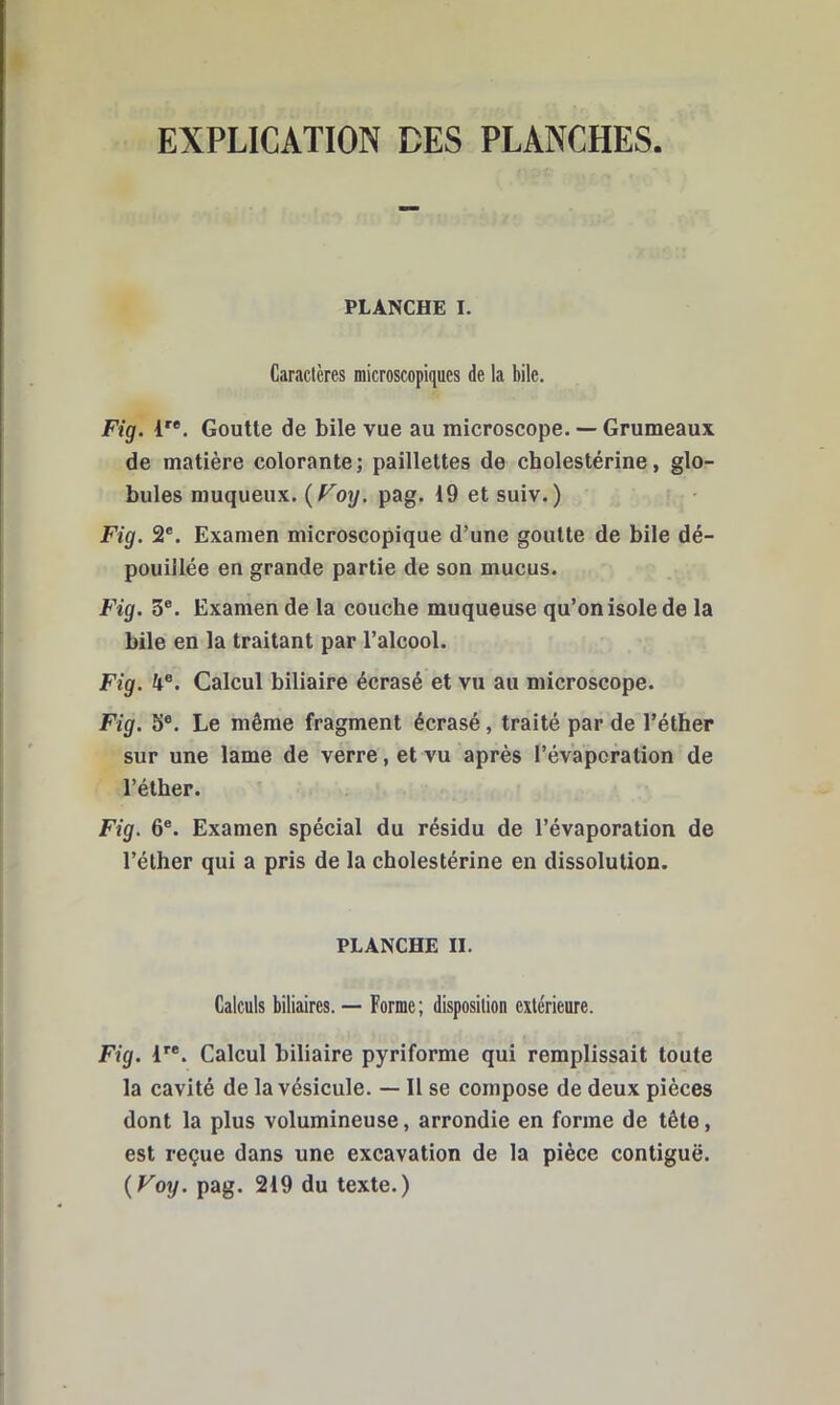 EXPLICATION DES PLANCHES PLANCHE I. Caractères microscopiques de la bile. Fig. 1'*. Goutte de bile vue au microscope. — Grumeaux de matière colorante; paillettes de cholestérine, glo- bules muqueux. {Toy. pag. 19 et suiv.) Fig. 2*. Examen microscopique d’une goutte de bile dé- pouillée en grande partie de son mucus. Fig. 3®. Examen de la couche muqueuse qu’on isole de la bile en la traitant par l’alcool. Fig. 4®. Calcul biliaire écrasé et vu au microscope. Fig. 5®. Le même fragment écrasé, traité par de l’éther sur une lame de verre, et vu après l’évaporation de l’éther. Fig. 6®. Examen spécial du résidu de l’évaporation de l’éther qui a pris de la cholestérine en dissolution. PLANCHE II. Calculs biliaires. — Forme; disposition extérieure. Fig. 1. Calcul biliaire pyriforme qui remplissait toute la cavité de la vésicule. — Il se compose de deux pièces dont la plus volumineuse, arrondie en forme de tête, est reçue dans une excavation de la pièce contiguë. {Voy. pag. 219 du texte.)