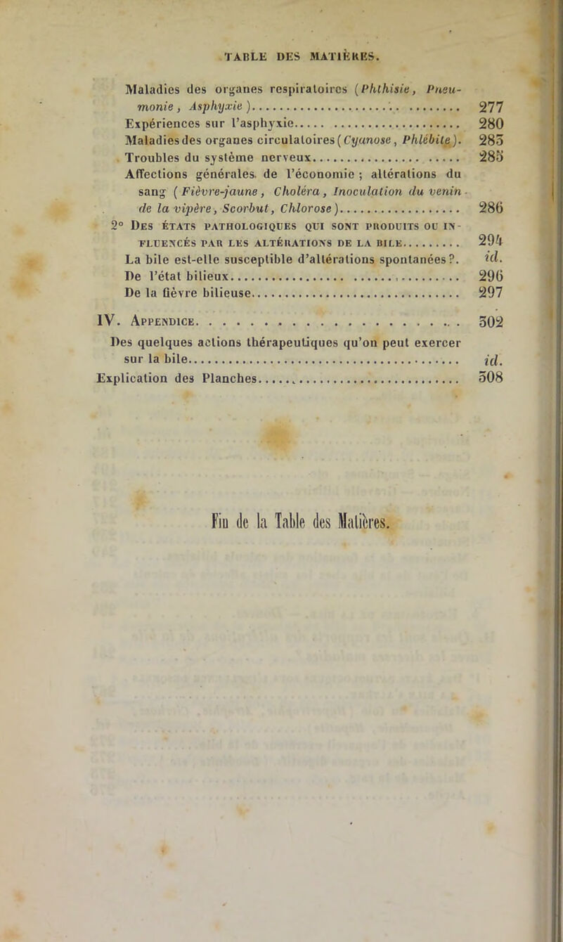 IVIaladies des organes rcspiraloircs (Phthisie, Pneu- monie, Asphyxie) 277 Expériences sur l’asph3'xie 280 Maladiesdes organes circulatoires (Cyanose, Phlébite). 283 Troubles du système nerveux î28o Affections générales, de l’économie ; altérations du sang ( Fièvre-jaune, Choléra, Inoculation du venin ■ de la vipère, Scorbut, Chlorose) 286 2° Des états pathologiques qui sont phoduits ou in- fluencés PAtl LES ALTÉUATIONS DE LA BILE 294 La bile est-elle susceptible d’altérations spontanées?. td. De l’état bilieux 296 De la Qèvre bilieuse 297 IV. Appendice 502 Des quelques actions thérapeutiques qu’on peut exercer sur la bile id. Explication des Planches 508 Fiu (le la Talile des Mali'eres.