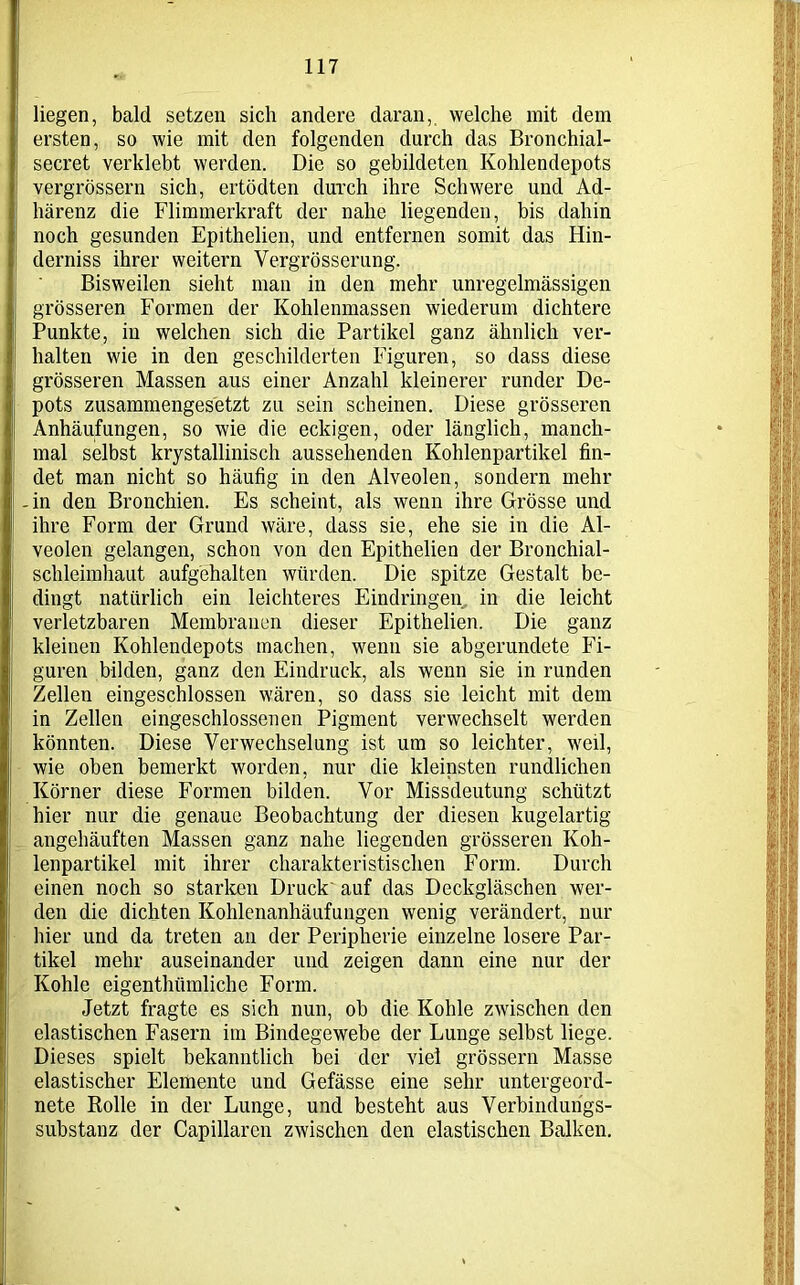 liegen, bald setzen sich andere daran,, welche mit dem ersten, so wie mit den folgenden durch das Bronchial- secret verklebt werden. Die so gebildeten Kohlendepots vergrößern sich, ertödten durch ihre Schwere und Ad- härenz die Flimmerkraft der nahe liegenden, bis dahin noch gesunden Epithelien, und entfernen somit das Hin- derniss ihrer weitern Vergrösserung. Bisweilen sieht man in den mehr unregelmässigen grösseren Formen der Kohlenmassen wiederum dichtere Punkte, in welchen sich die Partikel ganz ähnlich ver- halten wie in den geschilderten Figuren, so dass diese grösseren Massen aus einer Anzahl kleinerer runder De- pots zusammengesetzt zu sein scheinen. Diese grösseren Anhäufungen, so wie die eckigen, oder länglich, manch- mal selbst krystallinisch aussehenden Kohlenpartikel fin- det man nicht so häufig in den Alveolen, sondern mehr -in den Bronchien. Es scheint, als wenn ihre Grösse und ihre Form der Grund wäre, dass sie, ehe sie in die Al- veolen gelangen, schon von den Epithelien der Bronchial- schleimhaut aufgehalten würden. Die spitze Gestalt be- dingt natürlich ein leichteres Eindringen, in die leicht verletzbaren Membranen dieser Epithelien. Die ganz kleinen Kohlendepots machen, wenn sie abgerundete Fi- guren bilden, ganz den Eindruck, als wenn sie in runden Zellen eingeschlossen wären, so dass sie leicht mit dem in Zellen eingeschlossenen Pigment verwechselt werden könnten. Diese Verwechselung ist um so leichter, weil, wie oben bemerkt worden, nur die kleinsten rundlichen Körner diese Formen bilden. Vor Missdeutung schützt hier nur die genaue Beobachtung der diesen kugelartig angehäuften Massen ganz nahe liegenden grösseren Koh- lenpartikel mit ihrer charakteristischen Form. Durch einen noch so starken Druck auf das Deckgläschen wer- den die dichten Kohlenanhäufungen wenig verändert, nur hier und da treten an der Peripherie einzelne losere Par- tikel mehr auseinander und zeigen dann eine nur der Kohle eigenthümliche Form. Jetzt fragte es sich nun, ob die Kohle zwischen den elastischen Fasern im Bindegewebe der Lunge selbst liege. Dieses spielt bekanntlich bei der viel grössern Masse elastischer Elemente und Gefässe eine sehr untergeord- nete Rolle in der Lunge, und besteht aus Verbindungs- substanz der Capillarcn zwischen den elastischen Balken.