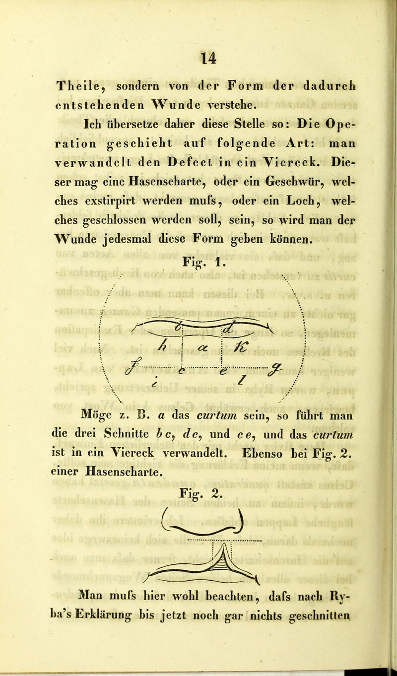 Theile, sondern von der Form der dadurch entstehenden Wunde verstehe. Ich übersetze daher diese Stelle so: Die Ope- ration geschieht auf folgende Art: man verwandelt den Defect in ein Viereck. Die- ser mag eine Hasenscharte, oder ein Geschwür, wel- ches exstirpirt werden mufs, oder ein Loch, wel- ches geschlossen werden soll, sein, so wird man der Wunde jedesmal diese Form geben können. Fig. 1. Möge z. S. a das cur tum sein, so führt man die drei Schnitte ic, de, und ce, und das curtum ist in ein Viereck verwandelt. Ebenso bei Fig. 2. einer Hasenscharte. Fig. 2. Man mufs hier wohl beachten, dafs nach Ry- ha’s Erklärung bis jetzt noch gar nichts geschnitten