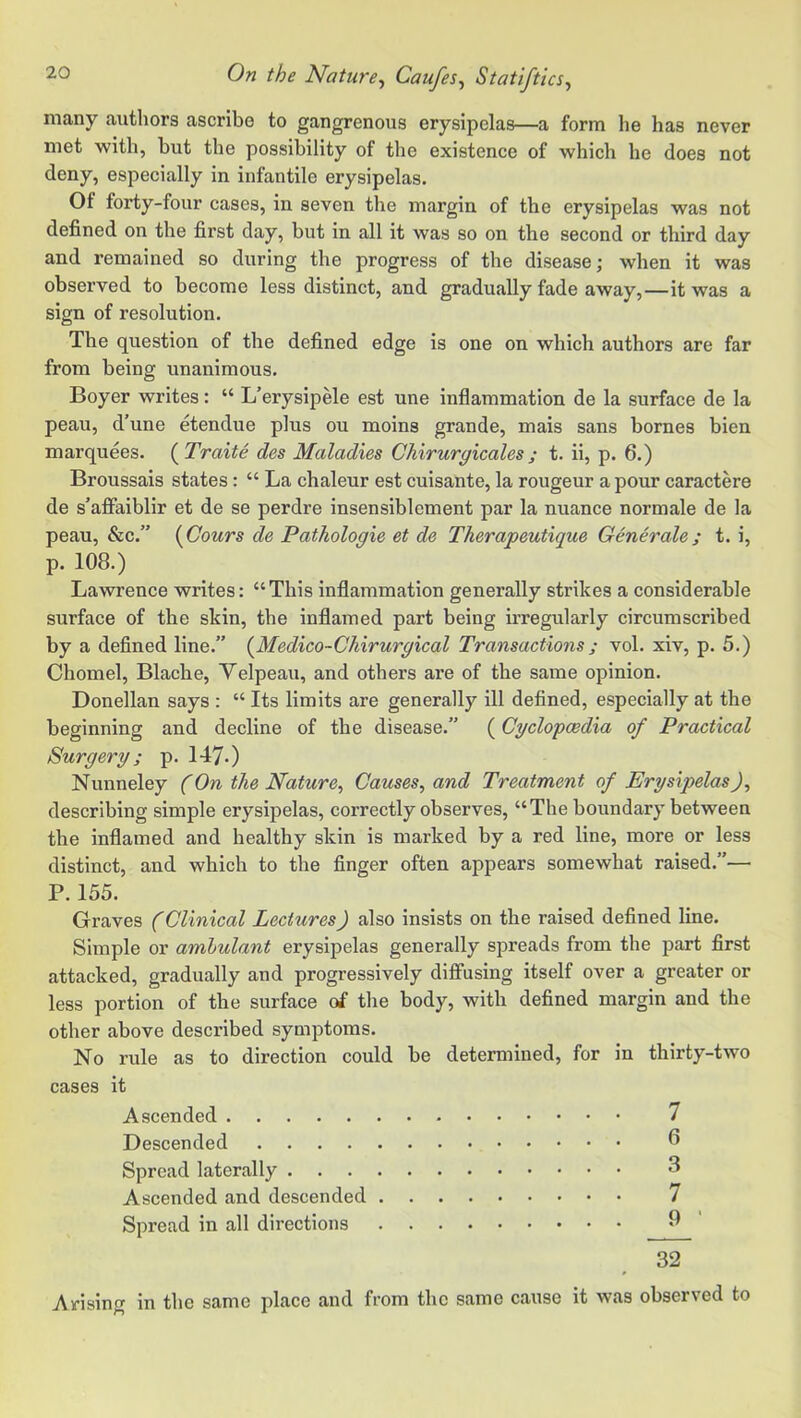 many authors ascribe to gangrenous erysipelas—a form he has never met with, but the possibility of the existence of which he does not deny, especially in infantile erysipelas. Of forty-four cases, in seven the margin of the erysipelas was not defined on the first day, but in all it was so on the second or third day and remained so during the progress of the disease; when it was observed to become less distinct, and gradually fade away,—it was a sign of resolution. The question of the defined edge is one on which authors are far from being unanimous. Boyer writes: “ L’erysipele est une inflammation de la surface de la peau, d’une etendue plus ou moins grande, mais sans bornes bien marquees. (^Traite des Maladies Chiruryicales; t. ii, p. 6.) Broussais states: “ La chaleur est cuisante, la rougeur a pour caractere de s'afiaiblir et de se perdre insensiblement par la nuance normale de la peau, &c.” {(Jours de Pathologie et de Therapeutique Generate; t. i, p. 108.) Lawrenee writes: “This inflammation generally strikes a considerable surface of the skin, the inflamed part being irregularly circumscribed by a defined line.” {Medico-Chirurgical Transactions ; vol. xiv, p. 5.) Chomel, Blache, Yelpeau, and others are of the same opinion. Donellan says : “ Its limits are generally ill defined, especially at the beginning and decline of the disease.” (Cyclopaedia of Practical Surgery; p. 147-) Nunneley (On the Nature^ Causes, and Treatment of Erysipelas), describing simple erysipelas, correctly observes, “The boundary between the inflamed and healthy skin is marked by a red line, more or less distinct, and which to the finger often appears somewhat raised.”— P.155. Graves (Clinical LecUires) also insists on the raised defined line. Simple or ambulant erysipelas generally spreads from the part first attacked, gradually and progressively diffusing itself over a greater or less portion of the surface of the body, with defined margin and the other above described symptoms. No rule as to direction could be determined, for in thirty-two cases it Ascended 7 Descended ^ Spread laterally 3 Ascended and descended 7 Spread in all directions 8 ' 32 Arising in the same place and from the same cause it was observed to