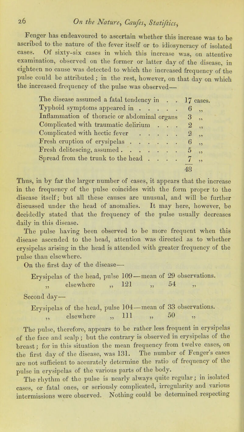 Fenger has endeavoured to ascertain whether this increase was to be ascribed to the nature of the fever itself or to idiosyncracy of isolated cases. Of sixty-six cases in which this increase was, on attentive examination, observed on the former or latter day of the disease, in eighteen no cause was detected to which the increased frequency of the pulse could be attributed; in the rest, however, on that day on which the increased frequency of the pulse was observed— The disease assumed a fatal tendency in . . Typhoid symptoms appeared in Inflammation of thoracic or abdominal organs Complicated with traumatic delirium . . Complicated with hectic fever Fresh eruption of erysipelas Fresh delitescing, assumed Spread from the trunk to the head . . . . cases. 6 „ 3 „ 48 Thus, in by far the larger number of cases, it appears that the increase in the frequency of the pulse coincides with the form proper to the disease itself; but all these causes are unusual, and will be further discussed under the head of anomalies. It may here, however, be decidedly stated that the frequency of the pulse usually decreases daily in this disease. The pulse having been observed to be more frequent when this disease ascended to the head, attention was directed as to whether erysipelas arising in the head is attended with greater frequency of the pulse than elsewhere. On the first day of the disease—■ Erysipelas of the head, pulse 109 — mean of 29 observations. „ elsewhere „ 121 „ 54 „ Second day— Erysipelas of the head, pulse 104—mean of 33 observations. ,, elsewhere ,, 111 „ 50 „ The pulse, therefore, appears to be rather less frequent in erysipelas of the face and scalp; but the contrary is observed in erysipelas of the breast; for in this situation the mean frequency from twelve cases, on the first day of the disease, was 131. The number of Fenger’s cases are not sufficient to accurately determine the ratio of frequency of the pulse in erysipelas of the various parts of the body. The rhythm of the pulse is nearly always quite regular; in isolated cases, or fatal ones, or seriously complicated, irregularity and various intermissions were obsei’ved. Nothing could be determined respecting