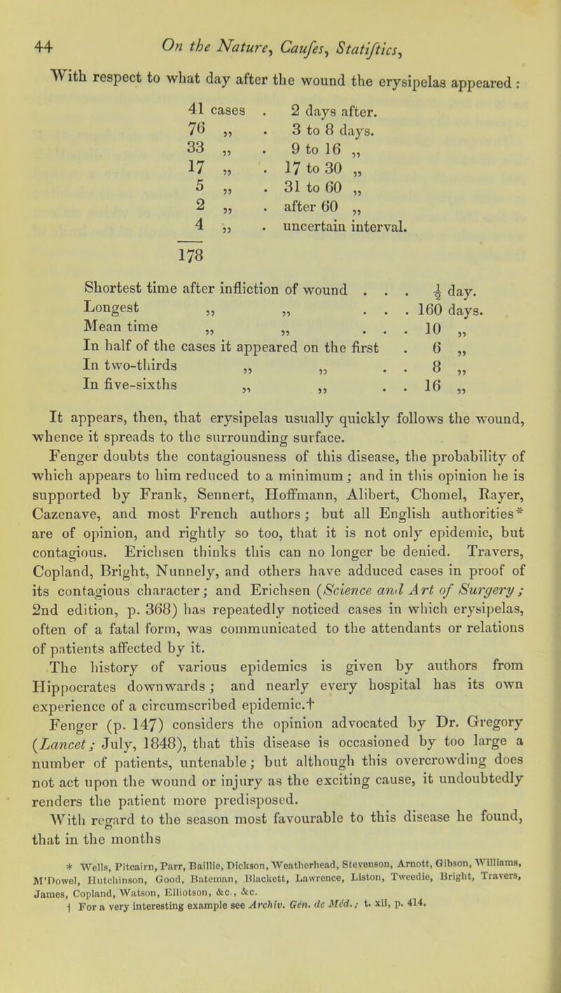 With respect to what day after the wound the erysipelas appeared: 41 cases 76 33 17 5 2 4 9? 99 99 99 99 178 2 days after. 3 to 8 days. 9 to 16 „ 17 to 30 „ 31 to 60 „ after 60 „ uncertain interval. Shortest time after infliction of wound . . Longest Mean time „ „ . . In half of the cases it appeared on the first In two-thirds „ „ In five-sixths „ 4 day. 160 days. 6 8 16 99 99 99 It appears, then, that erysipelas usually quickly follows the wound, whence it spreads to the surrounding surface. Fenger doubts the contagiousness of this disease, the probability of which appears to him reduced to a minimum; and in this opinion he is supported by Frank, Sennert, Hoffmann, Alibert, Chomel, Eayer, Cazenave, and most French authors; but all English authorities* are of opinion, and rightly so too, that it is not only epidemic, but contagious. Erichsen thinks this can no longer be denied. Travers, Copland, Bright, Nunnely, and others have adduced cases in proof of its contagious character; and 'E.Y\c\\'&en {Science and Art of Surgery; 2nd edition, p. 368) has repeatedly noticed cases in which erysipelas, often of a fatal form, was communicated to the attendants or relations of patients affected by it. The history of various epidemics is given by authors from Hippocrates downwards; and nearly every hospital has its own experience of a circumscribed epidemic.4 Fenger (p. 147) considers the opinion advocated by Dr. Gregory {Lancet; July, 1848), that this disease is occasioned by too large a number of patients, untenable; but although this overcrowding does not act upon the wound or injury as the exciting cause, it undoubtedly renders the patient more predisposed. With reorard to the season most favourable to this disease he found, ft that in the months * Wells, Pitcairn, Parr, Baillie, Dickson, Wentlierlicad, Stevenson, Amott, Gibson, Williams, M’Powel, Hutchinson, Good, Bateman, Blackett, Lawrence, Liston, Tweedie, Bright, Travers, James, Copland, Watson, Elliotson, Ac., Ac. 1 For a very interesting example see Archiv, Gin. de Mid. / t. xii, p. 414.