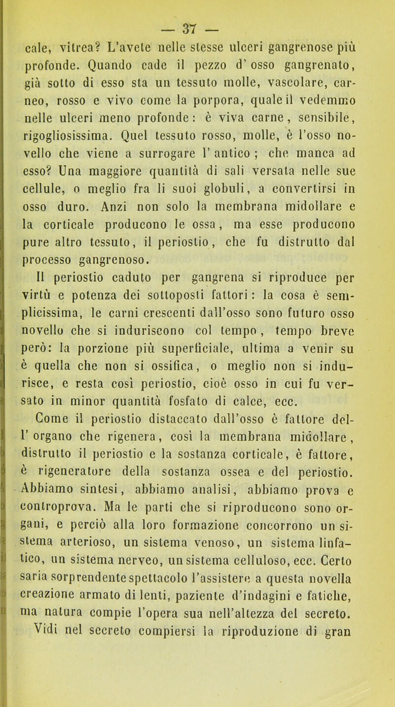 cale, vitrea? L’avete nelle stesse ulceri gangrenose più profonde. Quando cade il pezzo d’osso gangrenato, già sotto di esso sta un tessuto molle, vascolare, car- neo, rosso e vivo come la porpora, quale il vedemmo nelle ulceri meno profonde: è viva carne, sensibile, rigogliosissima. Quel tessuto rosso, molle, è l’osso no- vello che viene a surrogare 1’ antico ; che manca ad esso? Una maggiore quantità di sali versata nelle sue cellule, 0 meglio fra li suoi globuli, a convertirsi in osso duro. Anzi non solo la membrana midollare e la corticale producono le ossa, ma esse producono pure altro tessuto, il periostio, che fu distrutto dal processo gangrenoso. Il periostio caduto per gangrena si riproduce per virtù e potenza dei sottoposti fattori : la cosa è sem- plicissima, le carni crescenti dall’osso sono futuro osso novello che si induriscono col tempo , tempo breve però: la porzione più superficiale, ultima a venir su è quella che non si ossifica, o meglio non si indu- risce, e resta cosi periostio, cioè osso in cui fu ver- sato in minor quantità fosfato di calce, ecc. Come il periostio distaccato dall’osso è fattore del- r organo che rigenera, cosi la membrana midollare, distrutto il periostio e la sostanza corticale, è fattore, è rigeneratore della sostanza ossea e del periostio. Abbiamo sintesi, abbiamo analisi, abbiamo prova e (controprova. Ma le parti che si riproducono sono or- gani, e perciò alla loro formazione concorrono un si- stema arterioso, un sistema venoso, un sistema linfa- Ìl tico, un sistema nerveo, un sistema celluloso, ecc. Certo I saria sorprendente spettacolo l’assistere a questa novella 0 creazione armato di lenti, paziente d’indagini e fatiche, n ma natura compie l’opera sua nell’altezza del secreto. Vidi nel secreto compiersi la riproduzione di gran