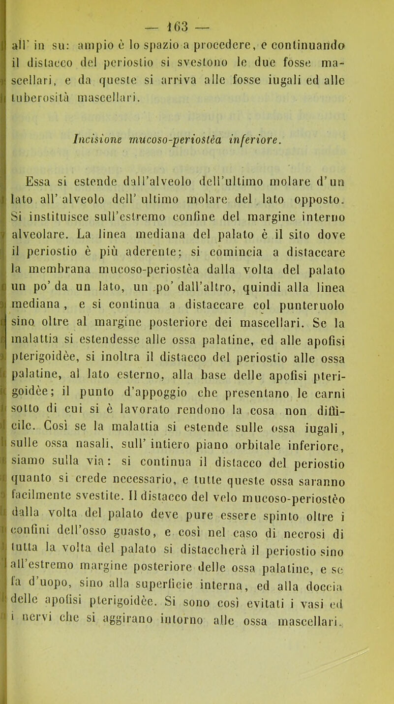 all’in su: ampio è lo spazio a proccelere, c continuando il distacco del periostio si svestono le due fosse ma- scellari, e da queste si arriva alle fosse iugali ed alle tuberosità mascellari. Incisione rnucoso-periostèa inferiore. Essa si estende dall’alveolo delTultimo molare d’un lato all’ alveolo dell’ ultimo molare del lato opposto. Si instituisce suU’eslremo confine del margine interno ' alveolare. La linea mediana del palato è il sito dove il periostio è più aderente; si comincia a distaccare la membrana rnucoso-periostèa dalla volta del palato un po’ da un lato, un po’ daU’altro, quindi alla linea mediana, e si continua a distaccare col punteruolo sino oltre al margine posteriore dei mascellari. Se la malattia si estendesse alle ossa palatine, ed alle apofisi I pterigoidèe, si inoltra il distacco del periostio alle ossa ; palatine, al lato esterno, alla base delle apofisi pteri- Ìgoidèe; il punto d’appoggio che presentano le carni sotto di cui si è lavorato rendono la cosa non ditìì- cilc. Così se la malattia si estende sulle ossa iugali, sulle ossa nasali, sull’intiero piano orbitale inferiore, siamo sulla via: si continua il distacco del periostio I quanto si crede necessario, e tutte queste ossa saranno è lacilmente svestite. Il distacco del velo mucoso-periostèo U dalla volta del palalo deve pure essere spinto oltre i i| confini dell osso guasto, e così nel caso di necrosi di 1 tutta la volta del palato si distaccherà il periostio sino all estremo margine posteriore delle ossa palatine, e se fa d’uopo, sino alla superficie interna, ed alla doccia I delle apofisi pterigoidèe. Si sono così evitali i vasi ed a i nervi che si aggirano intorno alle ossa mascellari.