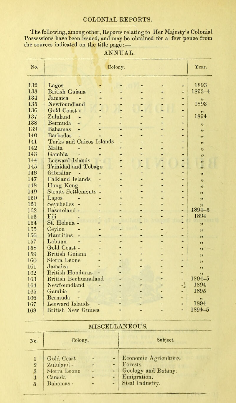 COLONIAL REPOETS. The following, among other, Reports relating to Her Majesty's Colonial Possessions have been issued, and may be obtained for a few pence from the sources indicated on the title page ;— ANNUAL. No. Colon}'. Year. 132 Lagos 1893 133 British Guiana - . - - - 1893-4 134 Jamaica • - - - - 55 135 Newfoundland - - - - - 1893 136 Gold Coast - - - - - - 55 137 Zululand - - - - - 1894 138 Bermuda - - - - - - 55 139 Bahamas - - - - - 55 140 Barbados - - - - - 55 141 Turks and Caicos Islands - - - - 55 142 Malta - - •a - ■ 55 143 Gambia - - - - - 55 144 Leeward Islands - - - - - 55 145 Trinidad and Tobago - - . - - 55 146 Gibraltar - - - - - 5> 147 Falkland Islands - - - - - 55 148 Hong Kong - - - - - 55 149 Straits Settlements - • - - - 55 150 Lagos - * - - - 55 151 Seychelles - - - - - - 55 152 Basutoland - - - - - - 1894-5 153 Fiji - - - - - 1894 154 St. Helena - - - - - - 55 155 Ceylon - - - - - 55 156 Mauritius - - - - - - 55 157 Labuan - - - - - 55 158 Gold Coast - - - - - - 55 159 British Guiana - - - - - 55 160 Sierra Leone - - - - - 55 161 Jamaica - - - - - 55 162 British Honduras - - - - - 55 163 British Bechuanaland - - - - 1894-5 164 Newfoundland - - - - -] 1894 165 Gambia - - - - 1895 166 Bermuda - - - - - 55 167 Leeward Islands - - - - - 1894 168 British New Guinea ‘ ~ “ 1894-5 MISCELLANEOUS. No. Colony. Subject. 1 Gold Coast Economic Agriculture* 2 Zululand - Forests. 3 Sierra Leone Geology and Botany. 4 Canada Emigration. 5 Bahamas - Sisal Industry.