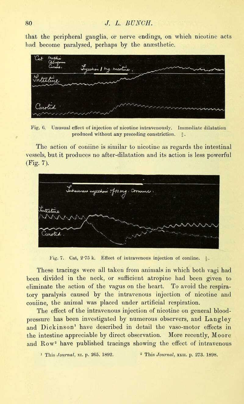 that the peripheral ganglia, or nerve endings, on which nicotine acts had become paralysed, perhaps by the anaesthetic. Fig. 6. Unusual effect of injection of nicotine intravenously. Immediate dilatation produced without any preceding constriction. 3 . The action of coniine is similar to nicotine as regards the intestinal vessels, but it produces no after-dilatation and its action is less powerful (Fig. 7). Fig. 7. Cat, 2'75 k. Effect of intravenous injection of coniine, i. These tracings were all taken from animals in which both vagi had been divided in the neck, or sufficient atropine had been given to eliminate the action of the vagus on the heart. To avoid the respira- tory paralysis caused by the intravenous injection of nicotine and coniine, the animal was placed under artificial respiration. The effect of the intravenous injection of nicotine on general blood- pressure has been investigated by numerous observers, and Langley and Dickinson1 have described in detail the vaso-motor effects in the intestine appreciable by direct observation. More recently, Moore and Row2 have published tracings showing the effect of intravenous 1 This Journal, xi. p. 265. 1892. - This Journal, xxii. p. 273. 1898.