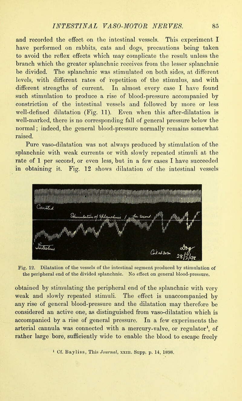 and recorded the effect on the intestinal vessels. This experiment I have performed on rabbits, cats and dogs, precautions being taken to avoid the reflex effects which may complicate the result unless the branch which the greater splanchnic receives from the lesser splanchnic be divided. The splanchnic was stimulated on both sides, at different levels, with different rates of repetition of the stimulus, and with different strengths of current. In almost every case I have found such stimulation to produce a rise of blood-pressure accompanied by constriction of the intestinal vessels and followed by more or less well-defined dilatation (Fig. 11). Even when this after-dilatation is well-marked, there is no corresponding fall of general pressure below the normal; indeed, the general blood-pressure normally remains somewhat raised. Pure vaso-dilatation was not always produced by stimulation of the splanchnic with weak currents or with slowly repeated stimuli at the rate of 1 per second, or even less, but in a few cases I have succeeded in obtaining it. Fig. 12 shows dilatation of the intestinal vessels Fig. 12. Dilatation of the vessels of the intestinal segment produced by stimulation of the peripheral end of the divided splanchnic. No effect on general blood-pressure. obtained by stimulating the peripheral end of the splanchnic with very weak and slowly repeated stimuli. The effect is unaccompanied by any rise of general blood-pressure and the dilatation may therefore be considered an active one, as distinguished from vaso-dilatation which is accompanied by a rise of general pressure. In a few experiments the arterial cannula was connected with a mercury-valve, or regulator1, of rather large bore, sufficiently wide to enable the blood to escape freely 1 Cf. Bayliss, This Journal, xxm. Supp. p. 14, 1898.