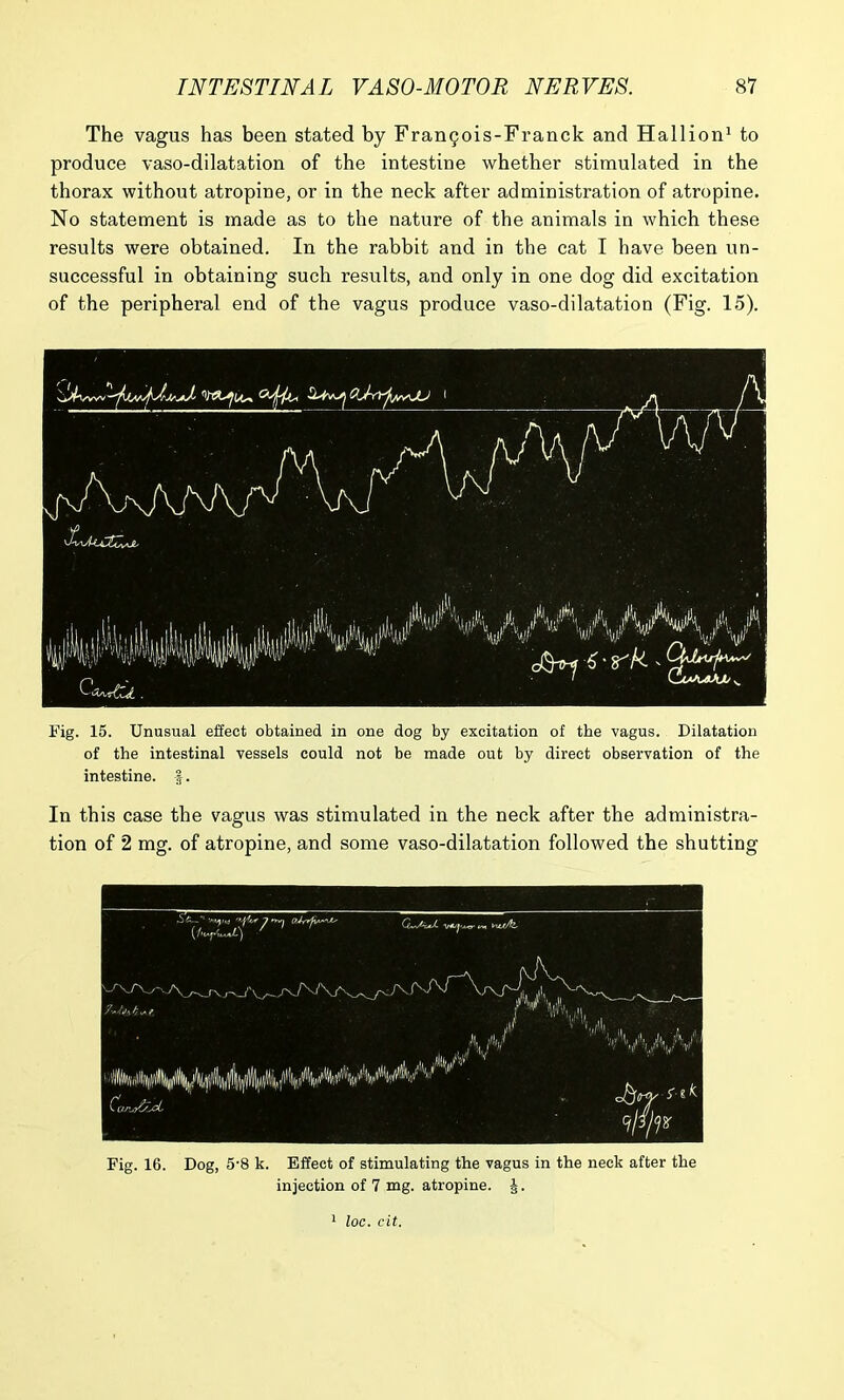 The vagus has been stated by Framjois-Franck and Hallion1 to produce vaso-dilatation of the intestine whether stimulated in the thorax without atropine, or in the neck after administration of atropine. No statement is made as to the nature of the animals in which these results were obtained. In the rabbit and in the cat I have been un- successful in obtaining such results, and only in one dog did excitation of the peripheral end of the vagus produce vaso-dilatation (Fig. 15). Fig. 15. Unusual effect obtained in one dog by excitation of the vagus. Dilatation of the intestinal vessels could not be made out by direct observation of the intestine. -f. In this case the vagus was stimulated in the neck after the administra- tion of 2 mg. of atropine, and some vaso-dilatation followed the shutting Fig. 16. Dog, 5'8 k. Effect of stimulating the vagus in the neck after the injection of 7 mg. atropine. J.