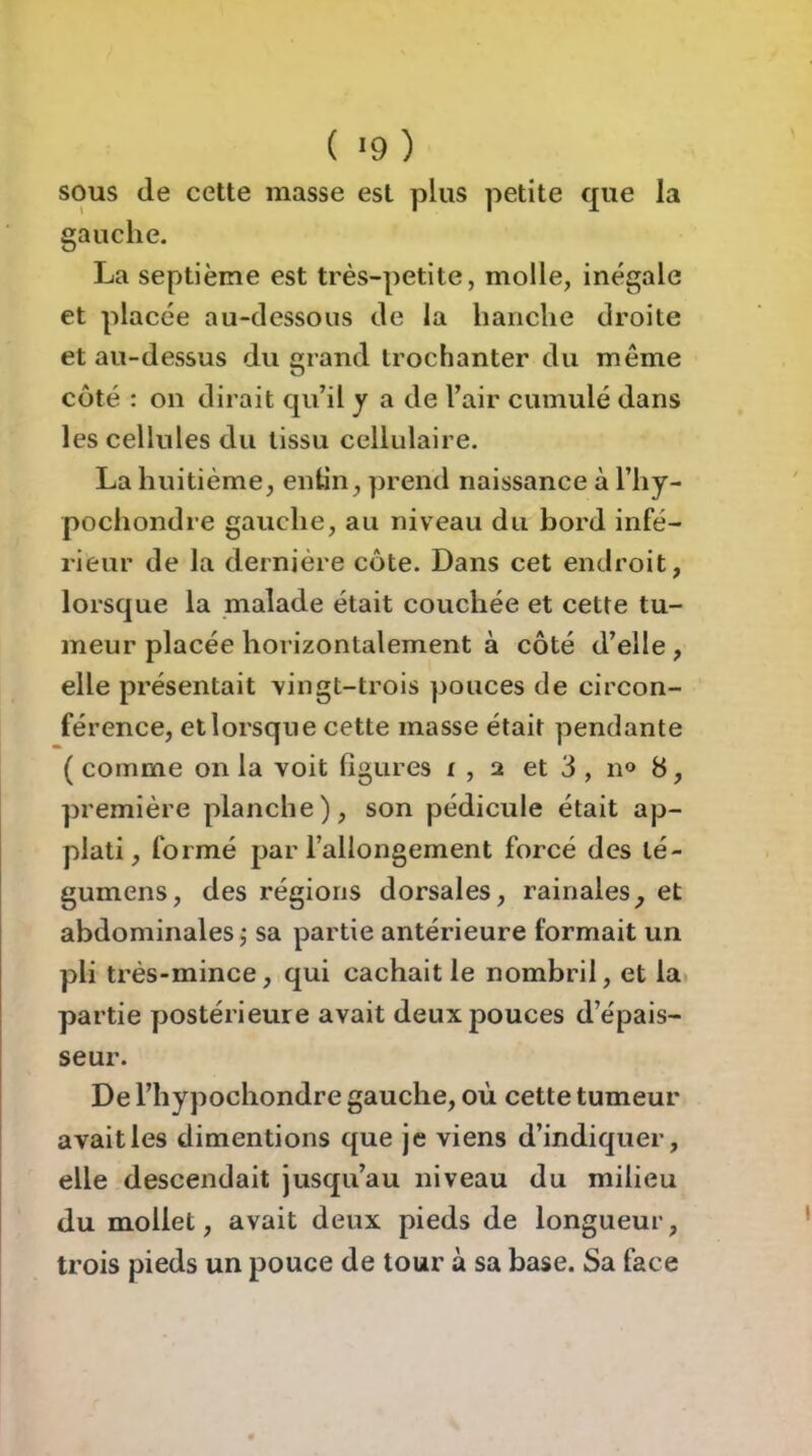 ( >9 ) SOUS (le cette masse est plus petite c|ue la gauche. La septième est très-petite, molle, inégale et placée au-dessous de la hanche droite et au-dessus du crand trochanter du même O coté : on dirait cpi’il y a de l’air cumulé dans les cellules du tissu cellulaire. La huitième, entin, prend naissance à l’hy- pochondre gauche, au niveau du bord infé- rieur de la dernière côte. Dans cet endroit, lorsque la malade était couchée et cette tu- meur placée horizontalement à côté d’elle , elle présentait vingt-trois pouces de circon- férence, et lorsque cette masse était pendante ( comme on la voit figures i , 2 et 3 , no 8, première planche), son pédicule était ap- plati, formé par l’allongement forcé des lé- gumens, des régions dorsales, rainales, et abdominales 5 sa partie antérieure formait un pli très-mince, qui cachait le nombril, et la. partie postérieure avait deux pouces d’épais- seur. De l’hypochondre gauche, où cette tumeur avait les dimentions que je viens d’indiquer, elle descendait jusqu’au niveau du milieu (lu mollet, avait deux pieds de longueur, trois pieds un pouce de tour à sa base. Sa face