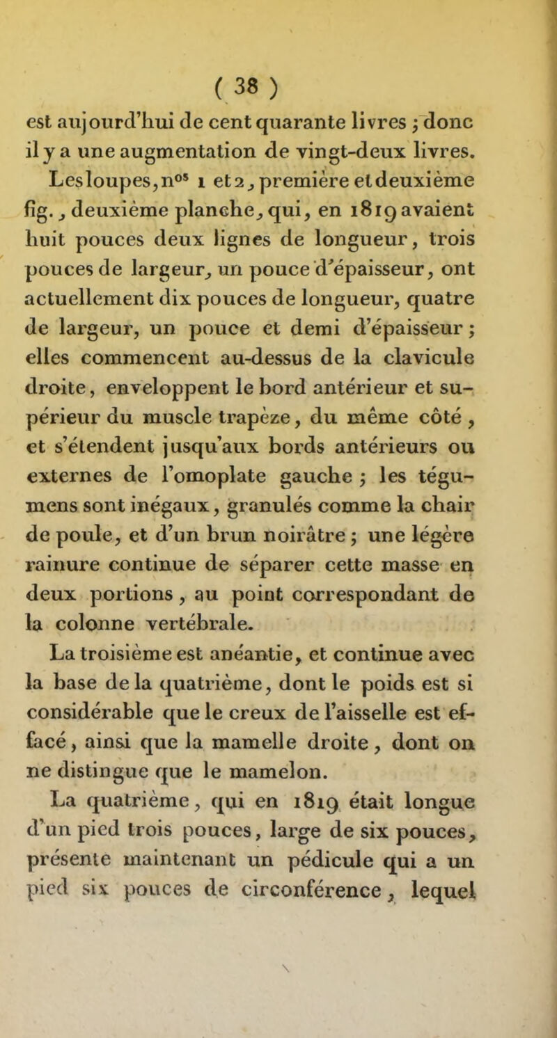 est aujourd’hui de cent quarante livres ^donc il y a une augmentation de vingt-deux livres. Lesloupesjii®* i eta^ première et deuxième fig. J deuxième planche^ qui, en 1819 avaient huit pouces deux lignes de longueur, trois pouces de largeur, un pouce d'épaisseur, ont actuellement dix pouces de longueur, quatre de largeur, un pouce et demi d’épaisseur ; elles commencent au-dessus de la clavicule droite, enveloppent le bord antérieur et su-, périeur du muscle trapèze, du même côté , et s’étendent jusqu’aux bords antérieurs ou externes de l’omoplate gauche 5 les tégu- mens sont inégaux, granulés comme la chair de poule, et d’un brun noirâtre ; une légère rainure continue de séparer cette masse en deux portions, au point correspondant de la colonne vertébrale. La troisième est anéantie, et continue avec la base delà quatrième, dont le poids est si considérable que le creux de l’aisselle est ef- facé , ainsi que la mamelle droite, dont on ne distingue que le mamelon. La quatrième, qui en 1819 était longue d’un pied trois pouces, large de six pouces, présente maintenant un pédicule qui a un pied six pouces de circonférence, lequel