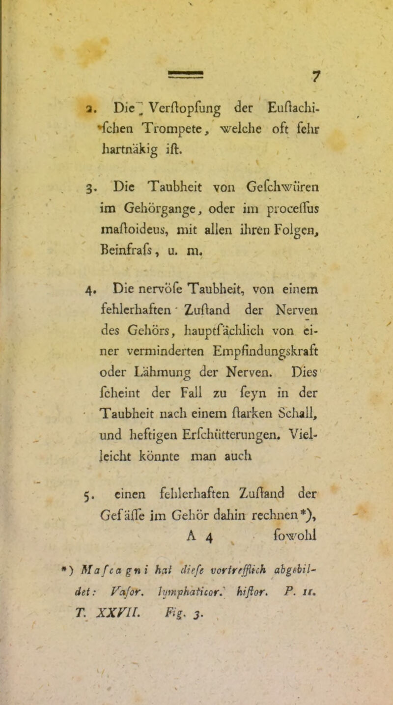 > a. Die ^ Verflopfung der Euftachi- •fchen Trompete, welche oft fehr hartnäkig ift. I m \ 3. Die Taubheit von Gefchwüren im Gehörgange, oder im procelfus mafloideus, mit allen ihren Folgen, Beinfrafs, u. m. 4. Die nervöfe Taubheit, von einem fehlerhaften' Zuftand der Nerven des Gehörs, hauptfachlich von ei- ner verminderten Empfindungskraft oder Lähmung der Nerven. Dies fcheint der Fall zu feyn in der • Taubheit nach einem Harken Schall, ' . ■% und heftigen Erfchiittcrungen. Viel- leicht könnte man auch 5. einen fehlerhaften ZuHand der GefalTe im Gehör dahin rechnen*), A 4 fowohl ) Mafea gni hat cliefg vortrefflich abgebil- det: Vafor. hjmphaticor. hiftor. P. 11. T. XXVIL Fig. 3. V.