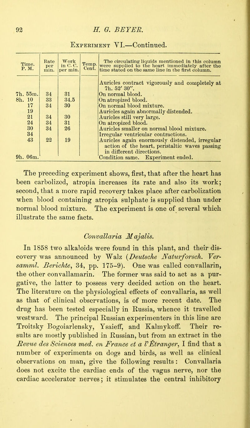 Experiment YI.—Continued. Time. P. M. Rate per min. Work in C. C. per min. Temp. Cent. The circulating liquids mentioned in this column were supplied to the heart immediately after the time stated on the same line in the first column. 7h. 55m. 34 31 Auricles contract vigorously and completely at 7h. 52' 30. On normal blood. 8h. 10 33 34.5 On atropized blood. 17 34 30 On normal blood mixture. 19 21 34 30 Auricles again abnormally distended. Auricles still very large. 24 34 31 On atropized blood. 30 34 26 Auricles smaller on normal blood mixture. 34 43 22 19 Irregular ventricular contractions. Auricles again enormously distended, irregular 9h. 06m. action of the heart, peristaltic waves passing in different directions. Condition same. Experiment ended. The preceding experiment shows, first, that after the heart has been carbolized, atropia increases its rate and also its work; second, that a more rapid recovery takes place after carbolization when blood containing atropia sulphate is supplied than under normal blood mixture. The experiment is one of several which illustrate the same facts. Convallaria Majalis. In 1858 two alkaToids were found in this plant, and their dis- covery was announced by Valz (Deutsche JVaturforsch. Ver- samml. Berichte, 34, pp. 175-9). One was called convallarin, the other convallamarin. The former was said to act as a pur- gative, the latter to possess very decided action on the heart. The literature on the physiological effects of convallaria, as well as that of clinical observations, is of more recent date. The drug has been tested especially in Russia, whence it travelled westward. The principal Russian experimenters in this line are Troitsky Bogoiarlensky, Ysaieff, and Kalmykoff. Their re- sults are mostly published in Russian, but from an extract in the Revue des Sciences med. en France et a VRtranger, I find that a number of experiments on dogs and birds, as well as clinical observations on man, give the following results : Convallaria does not excite the cardiac ends of the vagus nerve, nor the cardiac accelerator nerves; it stimulates the central inhibitory