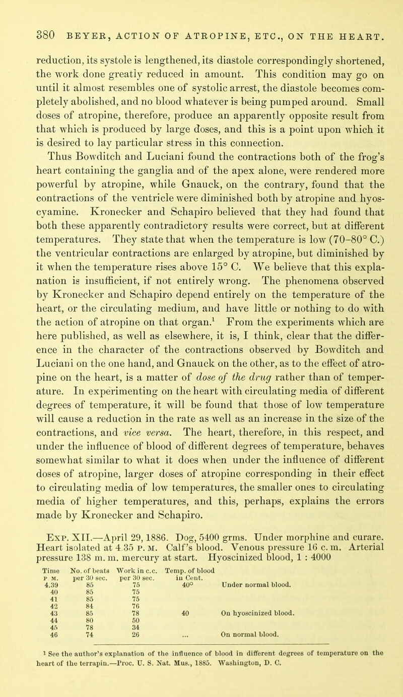 reduction, its systole is lengthened, its diastole correspondingly shortened, the work done greatly reduced in amount. This condition may go on until it almost resembles one of systolic arrest, the diastole becomes com- pletely abolished, and no blood whatever is being pumped around. Small doses of atropine, therefore, produce an apparently opposite result from that which is produced by large doses, and this is a point upon which it is desired to lay particular stress in this connection. Thus Bowditch and Luciani found the contractions both of the frog’s heart containing the ganglia and of the apex alone, were rendered more powerful by atropine, while Gnauck, on the contrary, found that the contractions of the ventricle were diminished both by atropine and hyos- cyamine. Kronecker and Schapiro believed that they had found that both these apparently contradictory results were correct, but at different temperatures. They state that when the temperature is low (70-80° C.) the ventricular contractions are enlarged by atropine, but diminished by it when the temperature rises above 15° C. We believe that this expla- nation is insufficient, if not entirely wrong. The phenomena observed by Kronecker and Schapiro depend entirely on the temperature of the heart, or the circulating medium, and have little or nothing to do with the action of atropine on that organ.1 From the experiments which are here published, as well as elsewhere, it is, I think, clear that the differ- ence in the character of the contractions observed by Bowditch and Luciani on the one hand, and Gnauck on the other, as to the effect of atro- pine on the heart, is a matter of dose of the drug rather than of temper- ature. In experimenting on the heart with circulating media of different degrees of temperature, it will be found that those of low temperature will cause a reduction in the rate as well as an increase in the size of the contractions, and vice versa. The heart, therefore, in this respect, and under the influence of blood of different degrees of temperature, behaves somewhat similar to what it does when under the influence of different doses of atropine, larger doses of atropine corresponding in their effect to circulating media of low temperatures, the smaller ones to circulating media of higher temperatures, and this, perhaps, explains the errors made by Kronecker and Schapiro. Exp. XII.—April 29,1886. Dog, 5400 grms. Under morphine and curare. Heart isolated at 4.35 p. m. Calf’s blood. Venous pressure 16 c. m. Arterial pressure 138 m. m. mercury at start. Hyoscinized blood, 1 : 4000 Time No. of beats Work in c.c. Temp, of blood 1’ M. per 30 sec. per 30 sec. in Cent. 4.39 85 75 40° Under normal blood. 40 85 75 41 85 75 42 84 76 43 85 78 40 On hyoscinized blood. 44 80 50 4ft 78 34 46 74 26 On normal blood. 1 See the author’s explanation of the influence of blood in different degrees of temperature on the heart of the terrapin.—Proc. U. S. Nat. Mus., 1885. Washington, D. C.