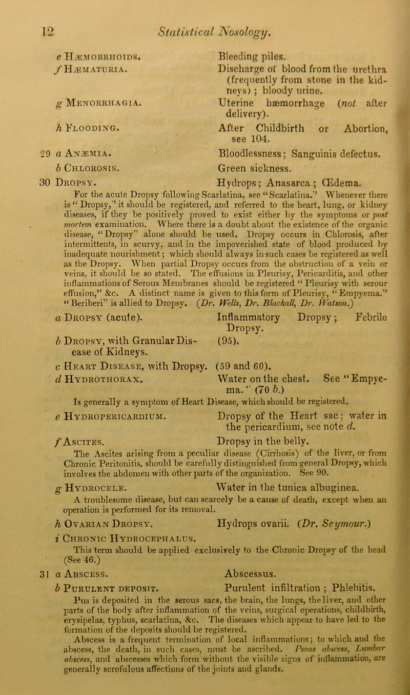 io e Haemorrhoids. /Haematuria. fr Menorrhagia. h Flooding. 9 a Anaemia. b Chlorosis. Bleeding piles. Discharge of blood from the urethra (frequently from stone in the kid- neys) ; bloody urine. Uterine haemorrhage (not after delivery). After Childbirth or Abortion, see 104. Bloodlessness; Sanguinis defectus. Green sickness. 30 Dropsy. Hydrops; Anasarca; (Edema. For the acute Dropsy following Scarlatina, see “Scarlatina.’’ Whenever there is “ Dropsy,” it should be registered, and referred to the heart, lung, or kidney diseases, if they be positively proved to exist either by the symptoms or post mortem examination. Where there is a doubt about the existence of the organic disease, “Dropsy” alone should be used. Dropsy occurs in Chlorosis, after intermittents, in scurvy, and in the impoverished state of blood produced by inadequate nourishment; which should always in such cases be registered as well as the Dropsy. When partial Dropsy occurs from the obstruction of a vein or veins, it should be so stated. The effusions in Pleurisy, Pericarditis, and other inflammations of Serous Membranes should be registered “ Pleurisy with serour effusion,” &c. A distinct name is given to this form of Pleurisy, “ Empyema.’’ “Beriberi” is allied to Dropsy. (Dr. Wells, Dr. Blackall, Dr. Watson.) a Dropsy (acute). Inflammatory Dropsy; Febrile Dropsy. b Dropsy, with Granular Dis- (95). ease of Kidneys. c Heart Disease, with Dropsy. (59 and 60). d Hydrothorax. Water on the chest. See “Empye ma. ” (70 b.) Is generally a symptom of Heart Disease, which should be registered. e Hydropericardium. Dropsy of the Heart sac; water in the pericardium, see note d. f Ascites. Dropsy in the belly. The Ascites arising from a peculiar disease (Cirrhosis) of the liver, or from Chronic Peritonitis, should be carefully distinguished from general Dropsy,-which involves the abdomen with other parts of the organization. See 90. g Hydrocele. Water in Ihe tunica albuginea. A troublesome disease, but can scarcely be a cause of death, except when an operation is performed for its removal. h Ovarian Dropsy. Hydrops ovarii. (Dr. Seymour.) i Chronic Hydrocephalus. This term should be applied exclusively to the Chronic Dropsv of the head (See 46.) .31 a Abscess. Abscessus. b Purulent deposit. Purulent infiltration ; Phlebitis. Pus is deposited in the serous sacs, the brain, the lungs, the liver, and other parts of the body after inflammation of the veins, surgical operations, childbirth, erysipelas, typhus, scarlatina, &c. The diseases which appear to have led to the formation of the deposits should be registered. Abscess is a frequent termination of local inflammations; to which and the abscess, the death, in such cases, must be ascribed. Psoas abscess, Lumbar abscess, and abscesses which form without, the visible signs of inflammation, are generally scrofulous affections of the joints and glands.